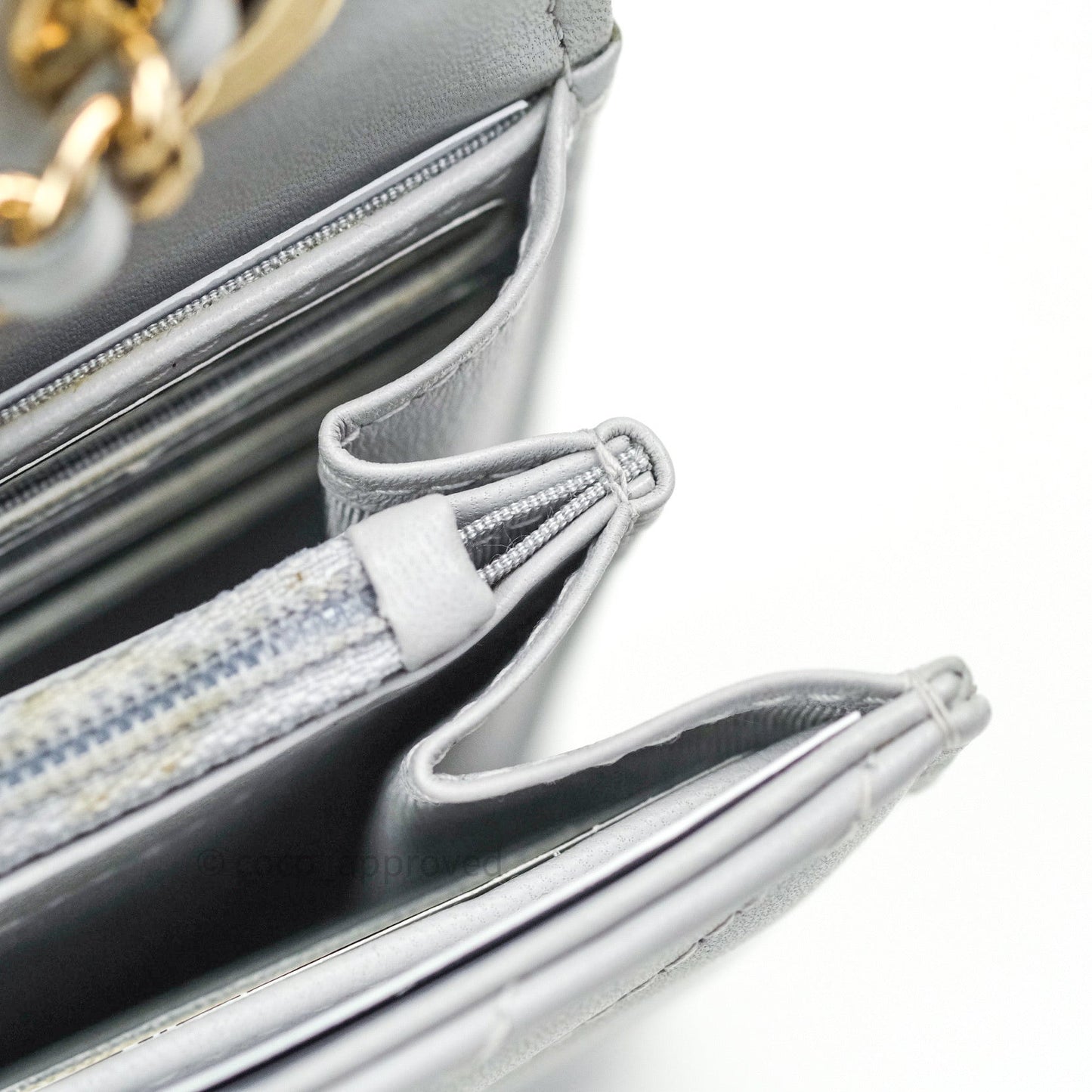 Chanel Mini Trendy CC Wallet On Chain WOC Lambskin Chevron Grey Gold Hardware