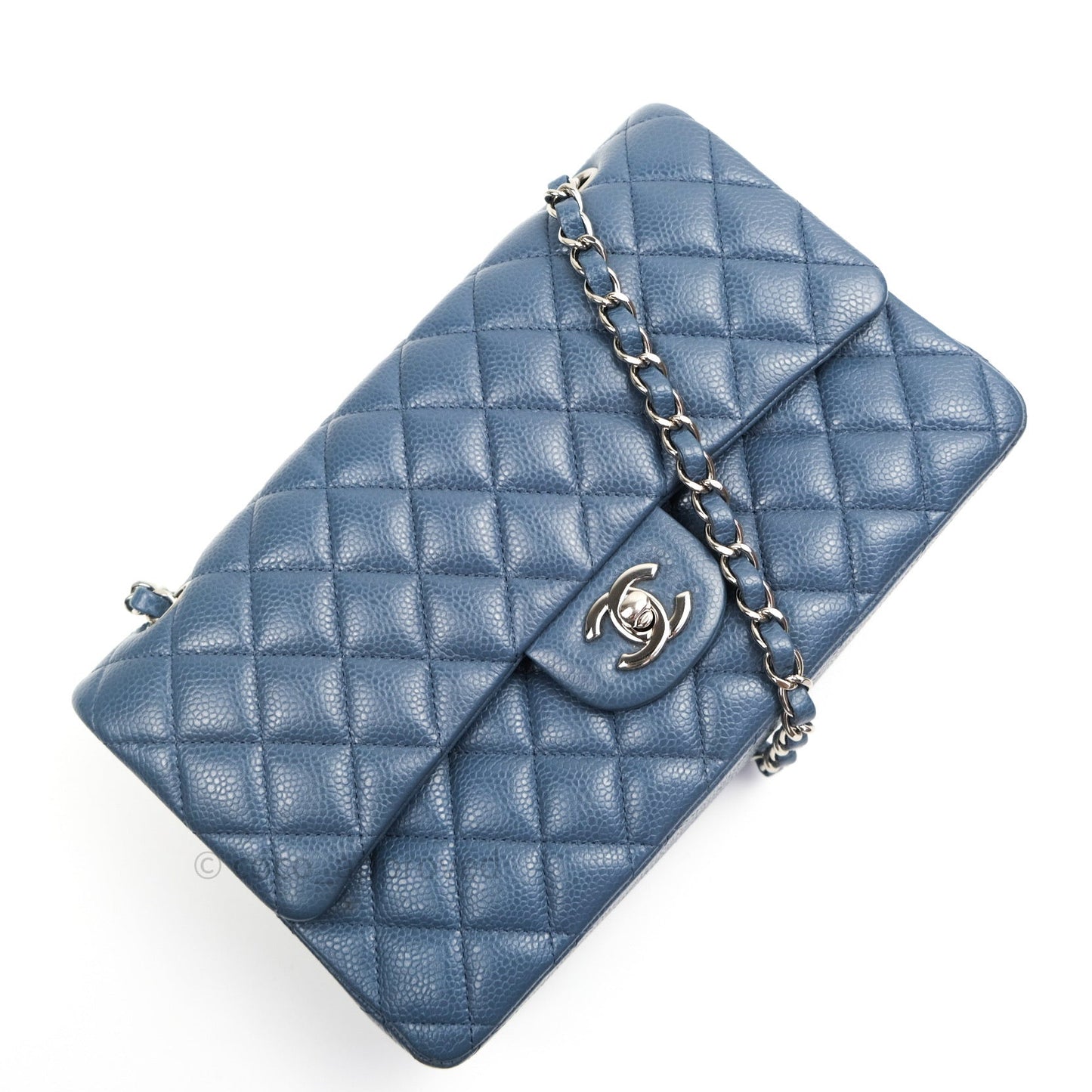 Chanel Classic Double Flap Quilted M/L Blue Caviar Silver Hardware