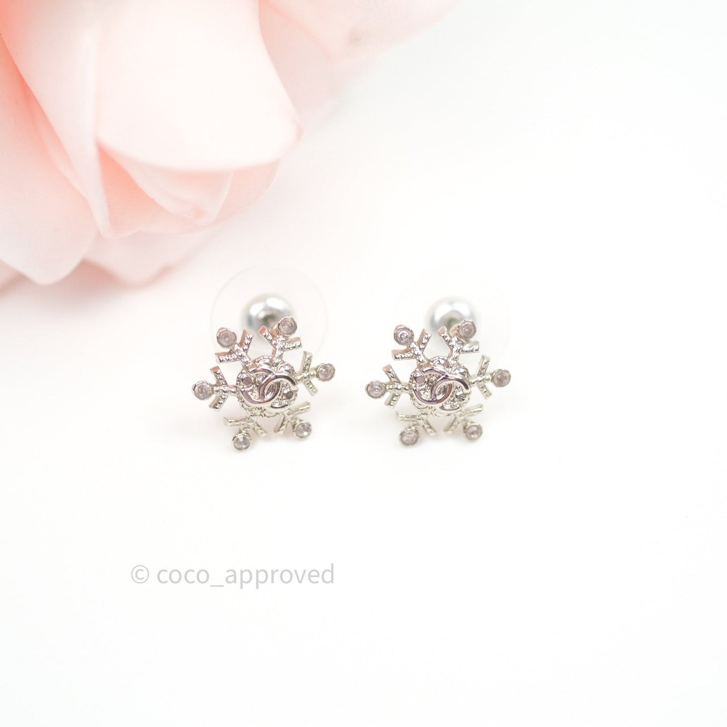 Chanel Crystal Snowflake CC Earrings Silver