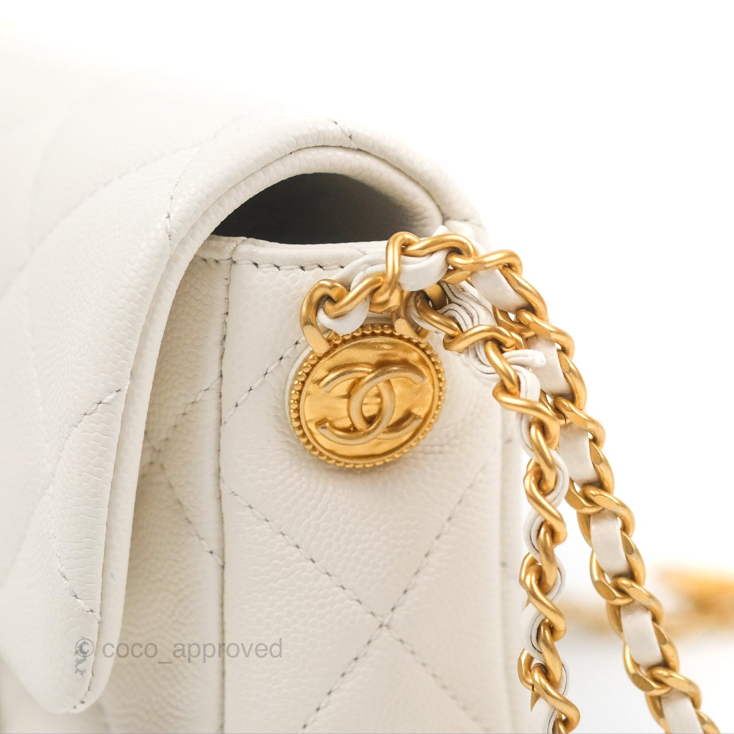 Chanel Mini Flap with Coin Charm White Caviar Aged Gold Hardware 22A
