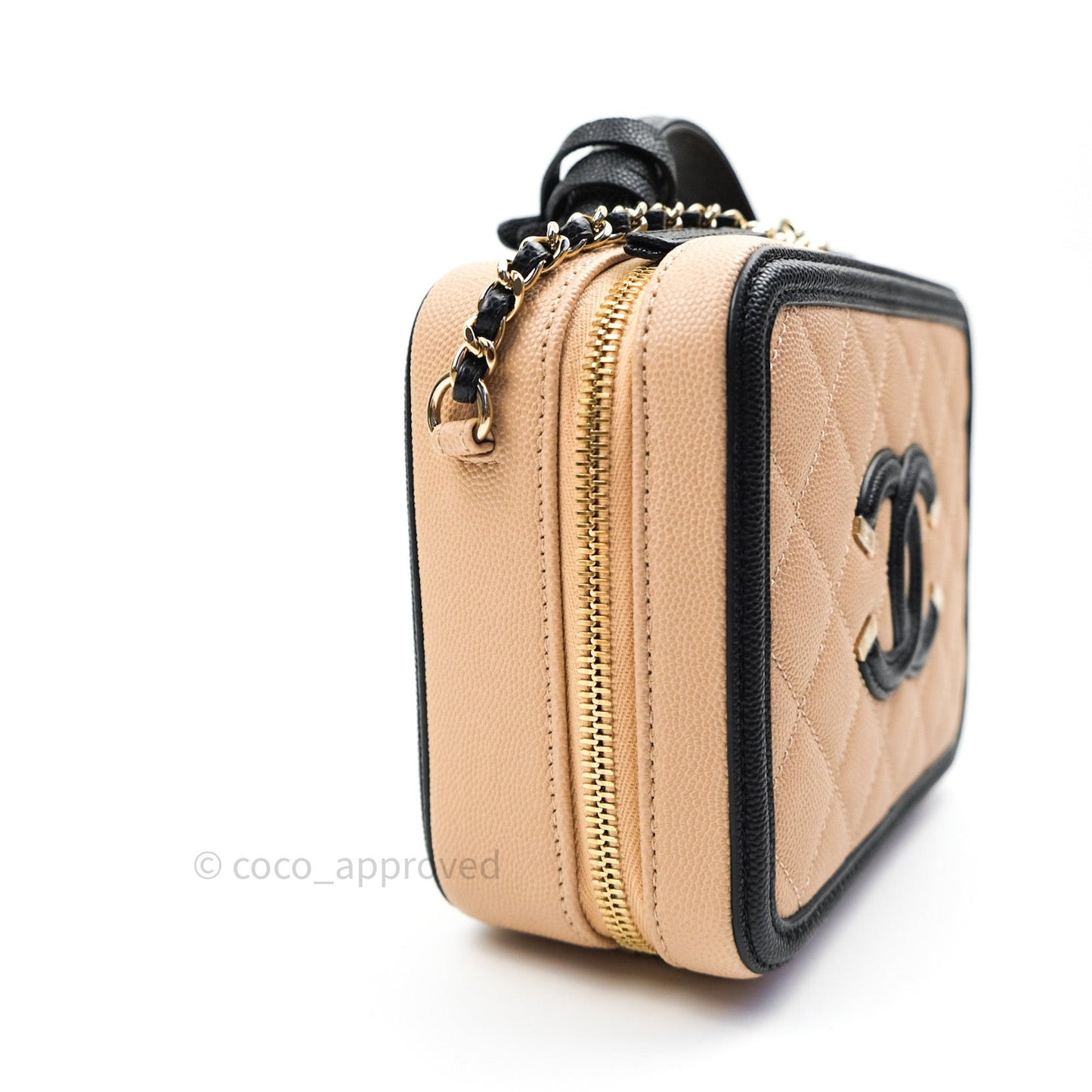 Chanel Quilted New Small CC Filigree Vanity Case Beige Caviar Gold Hardware