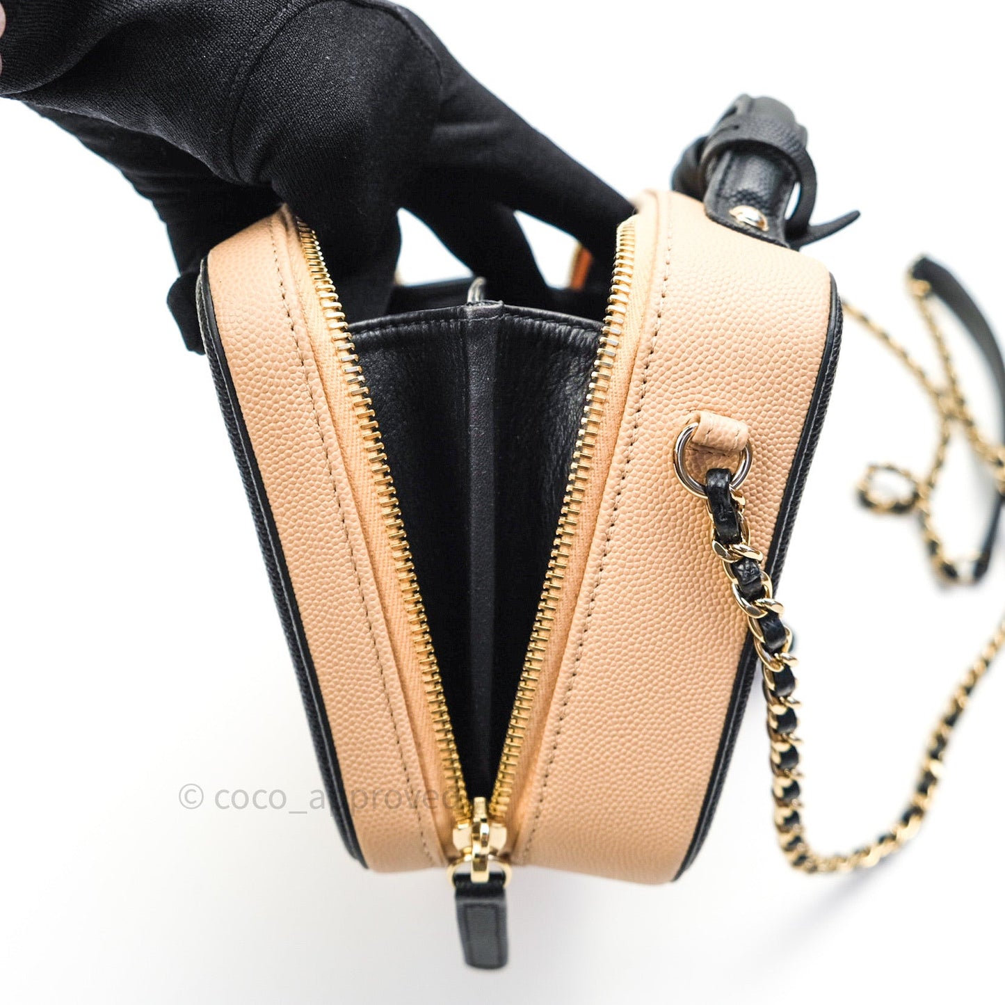 Chanel Quilted New Small CC Filigree Vanity Case Beige Caviar Gold Hardware