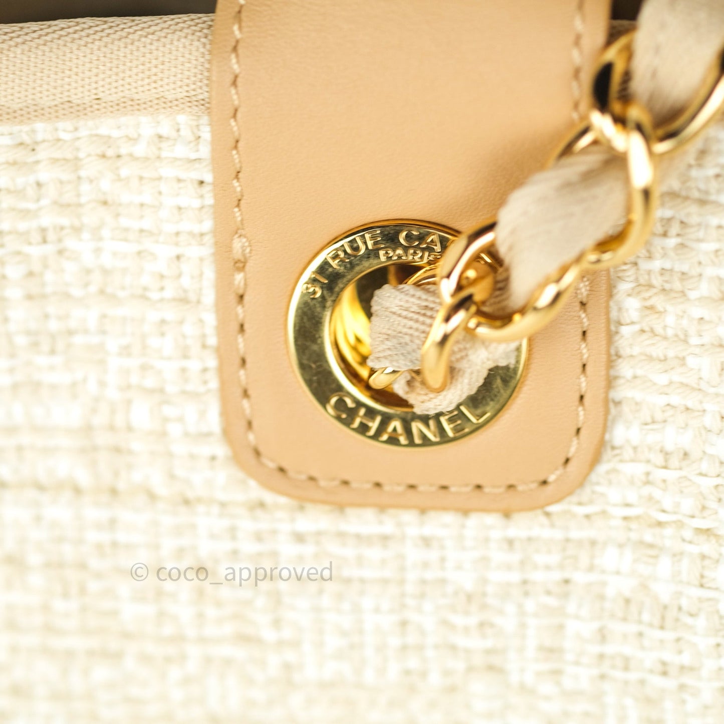Chanel Canvas Large Deauville Tote Ivory Beige Nude Handles