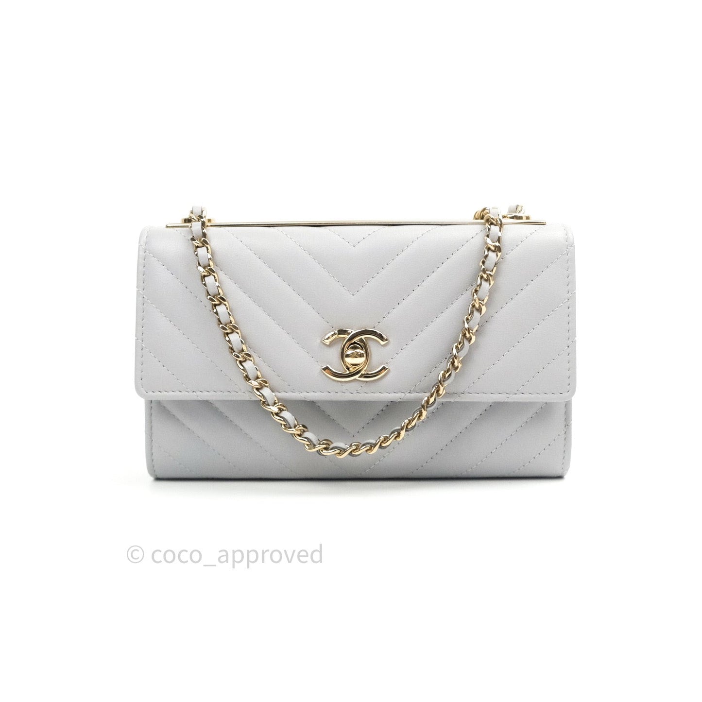 Chanel Mini Trendy CC Wallet On Chain WOC Lambskin Chevron Grey Gold Hardware