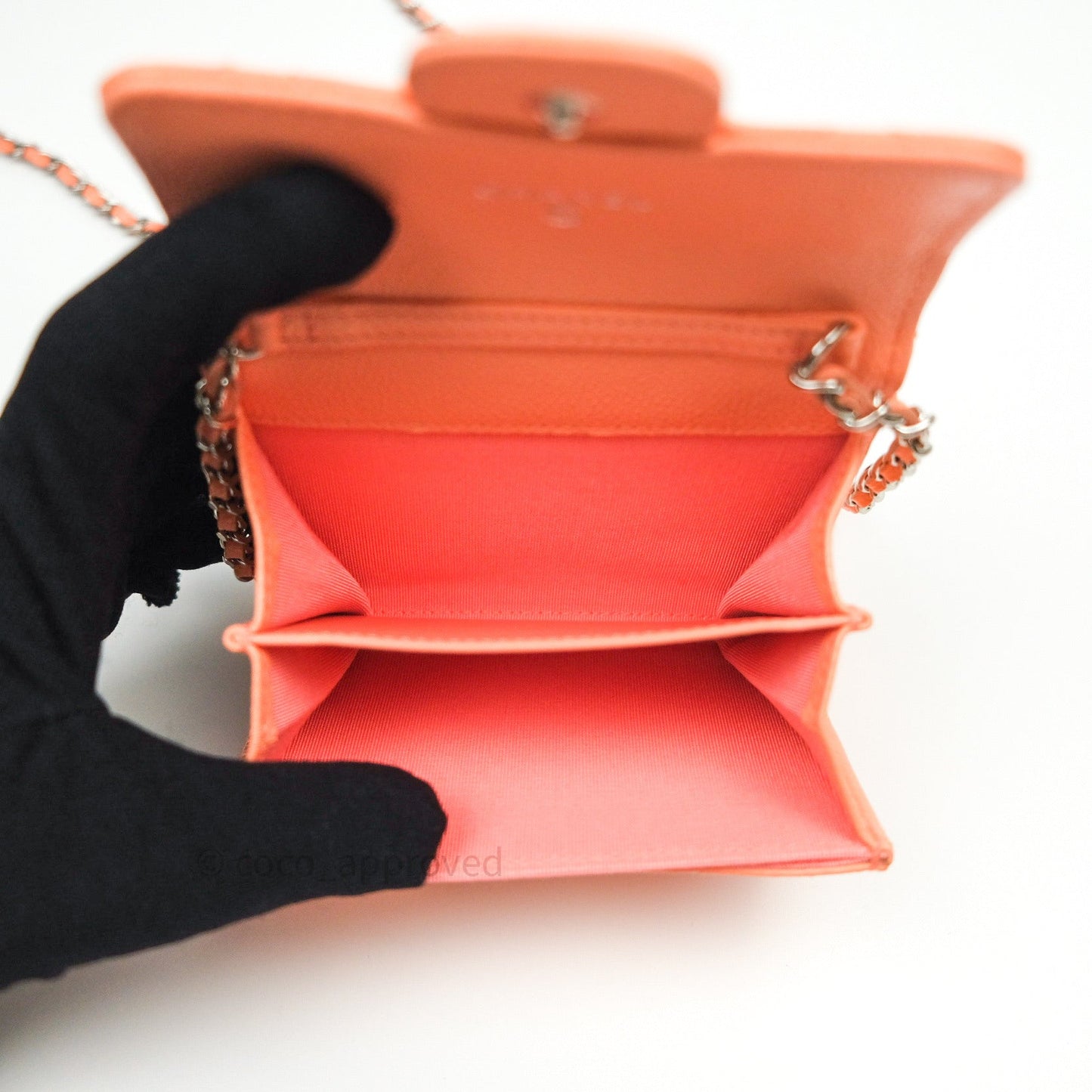 Chanel Mini Wallet With Chain Salmon Pink Caviar Silver Hardware