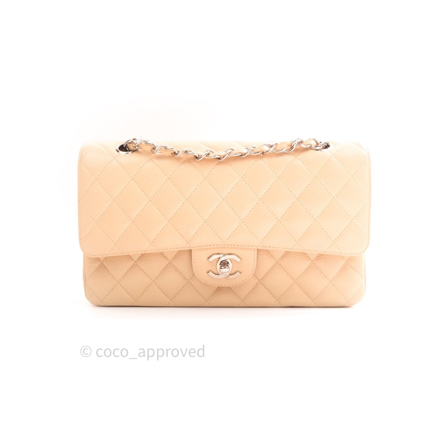 Chanel Quilted M/L Medium Double Flap Beige Clair Caviar Silver Hardware