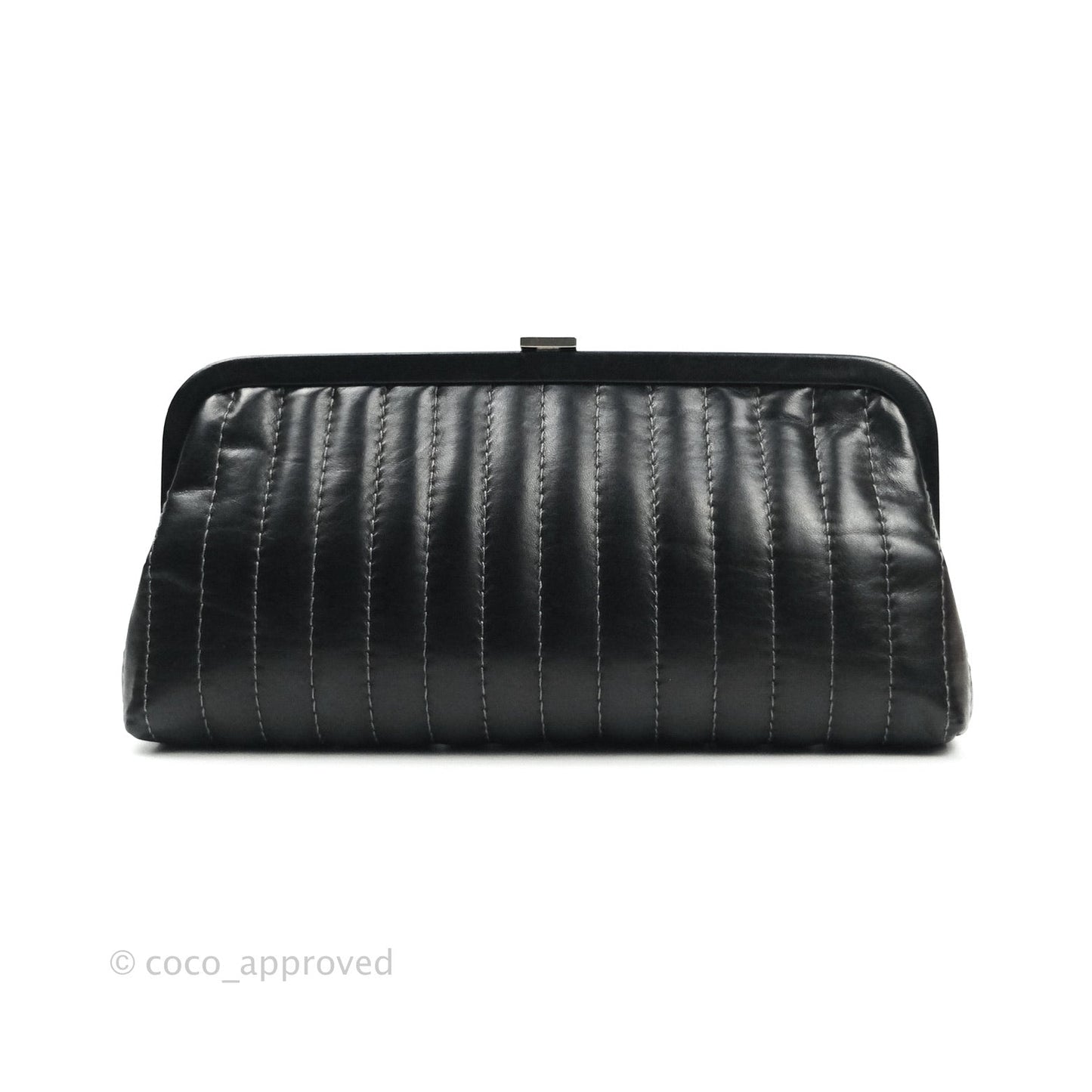 Chanel Vertical Stitch Kiss Lock Black Lambskin Clutch Silver Hardware