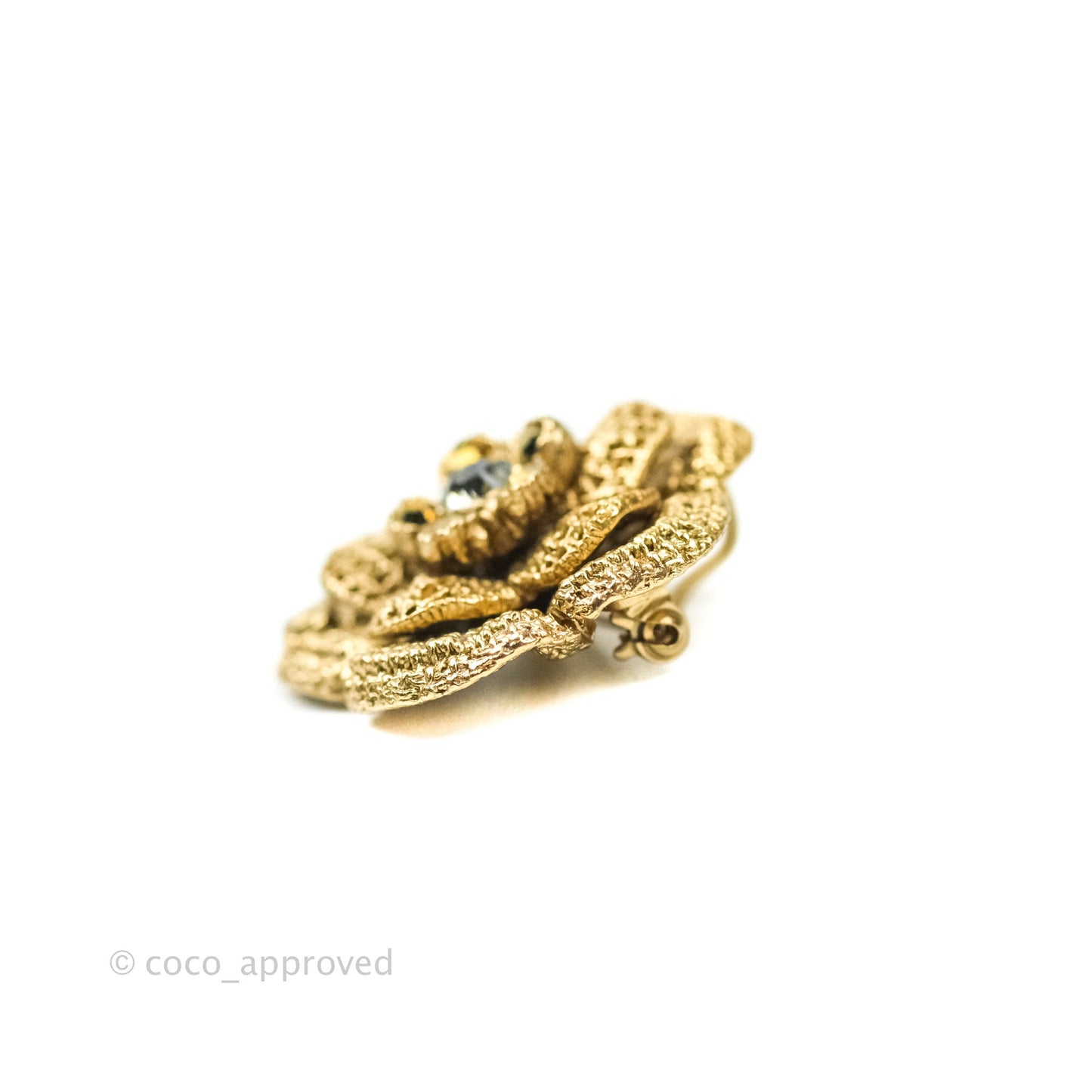 Chanel Camellia CC Rhinestone Pin Brooch Gold Tone