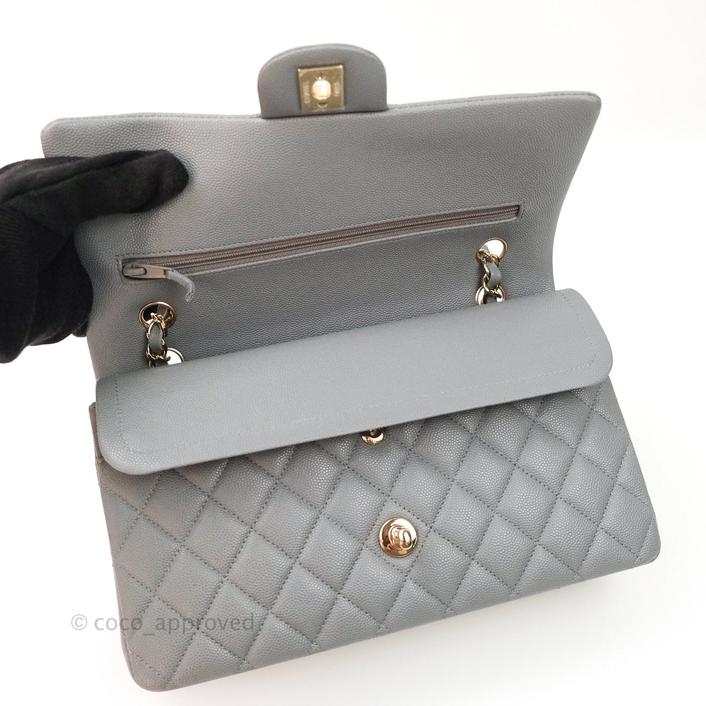 Chanel Classic M/L Medium Double Flap Quilted Grey Caviar Gold Hardware 20C