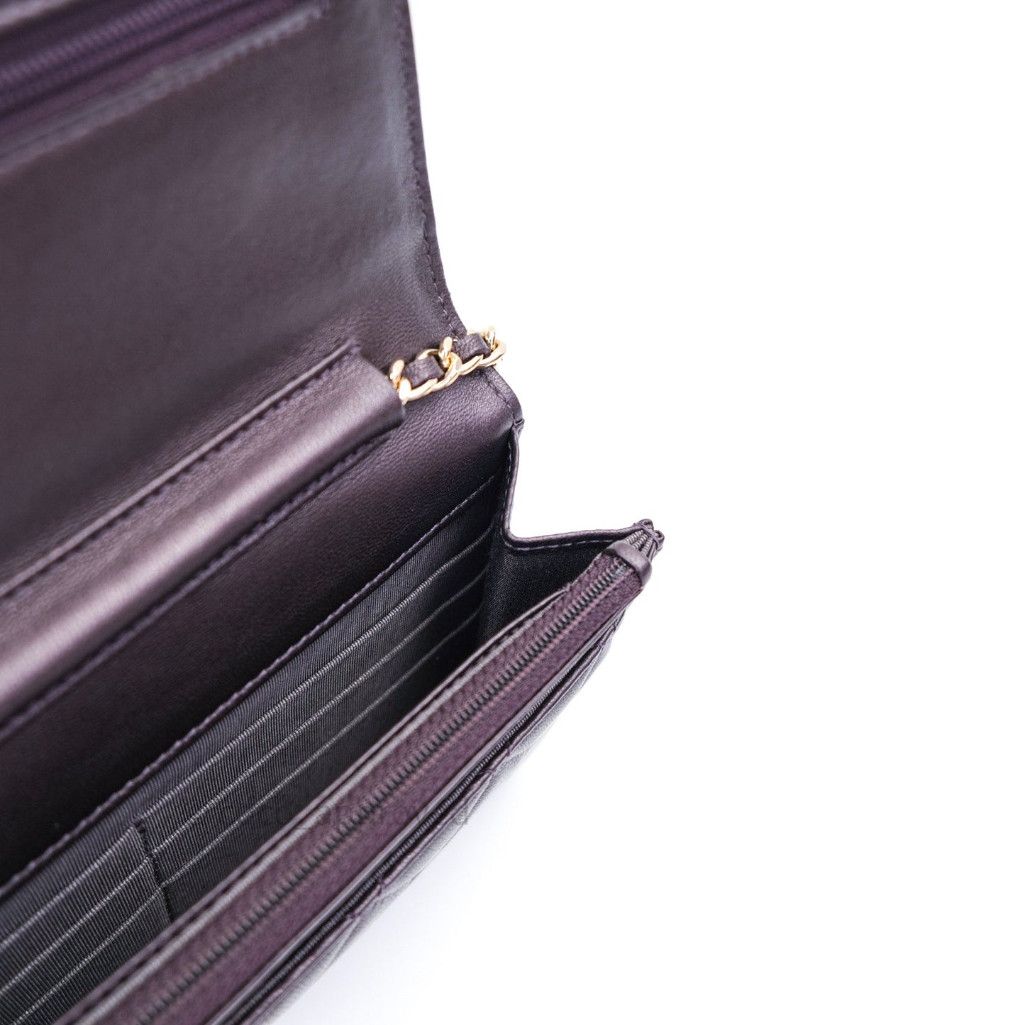 Chanel Quilted Wallet on Chain WOC Metallic Purple Light Gold Hardware