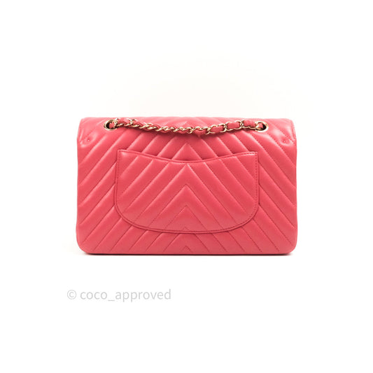 Chanel Chevron M/L Medium Double Flap Bag Dark Pink Lambskin Gold Hardware