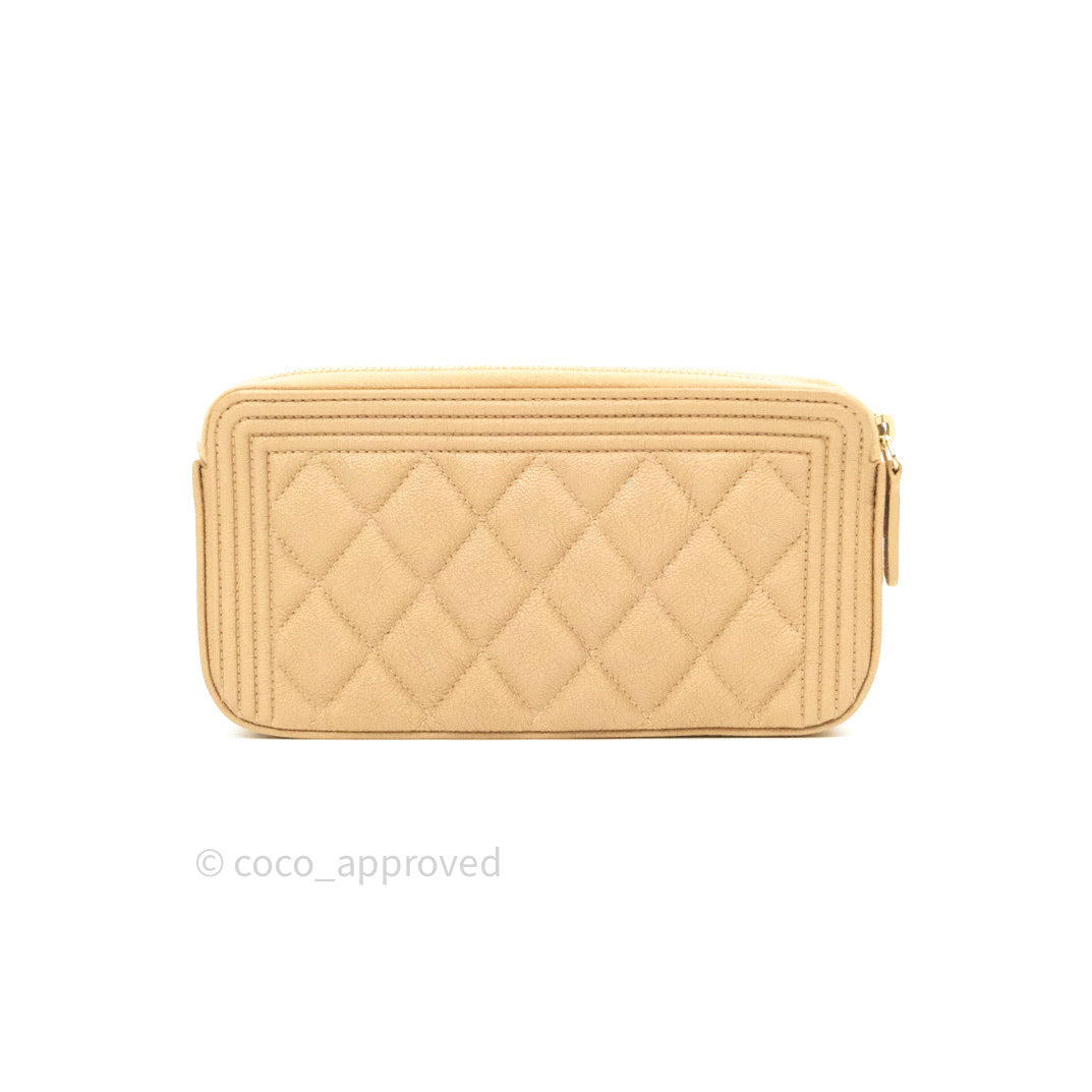 Chanel Boy Beige Quilted Caviar Clutch on Chain Gold Hardware