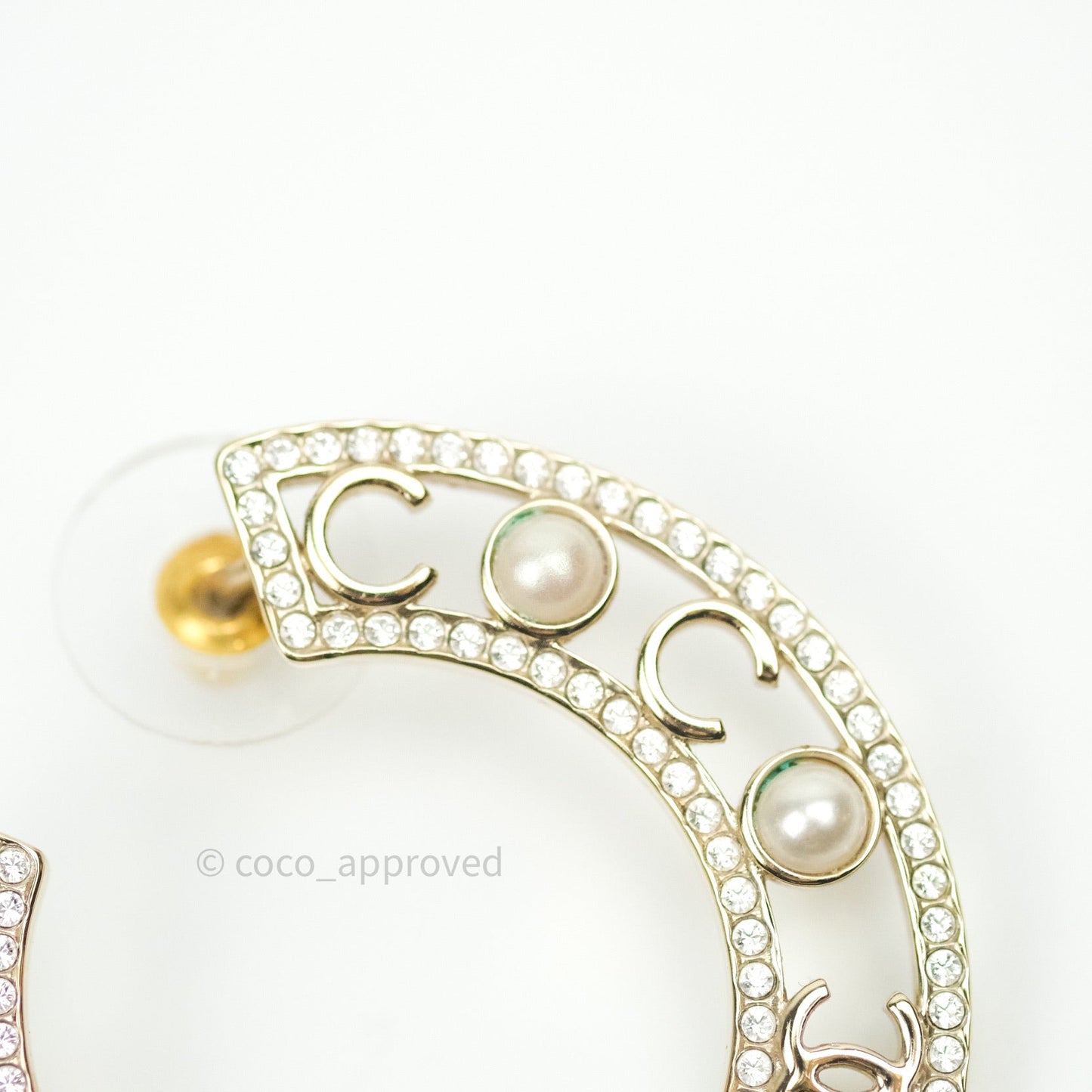 Chanel Crystal Pearl Bow-tiful CC Hoop Earrings Gold