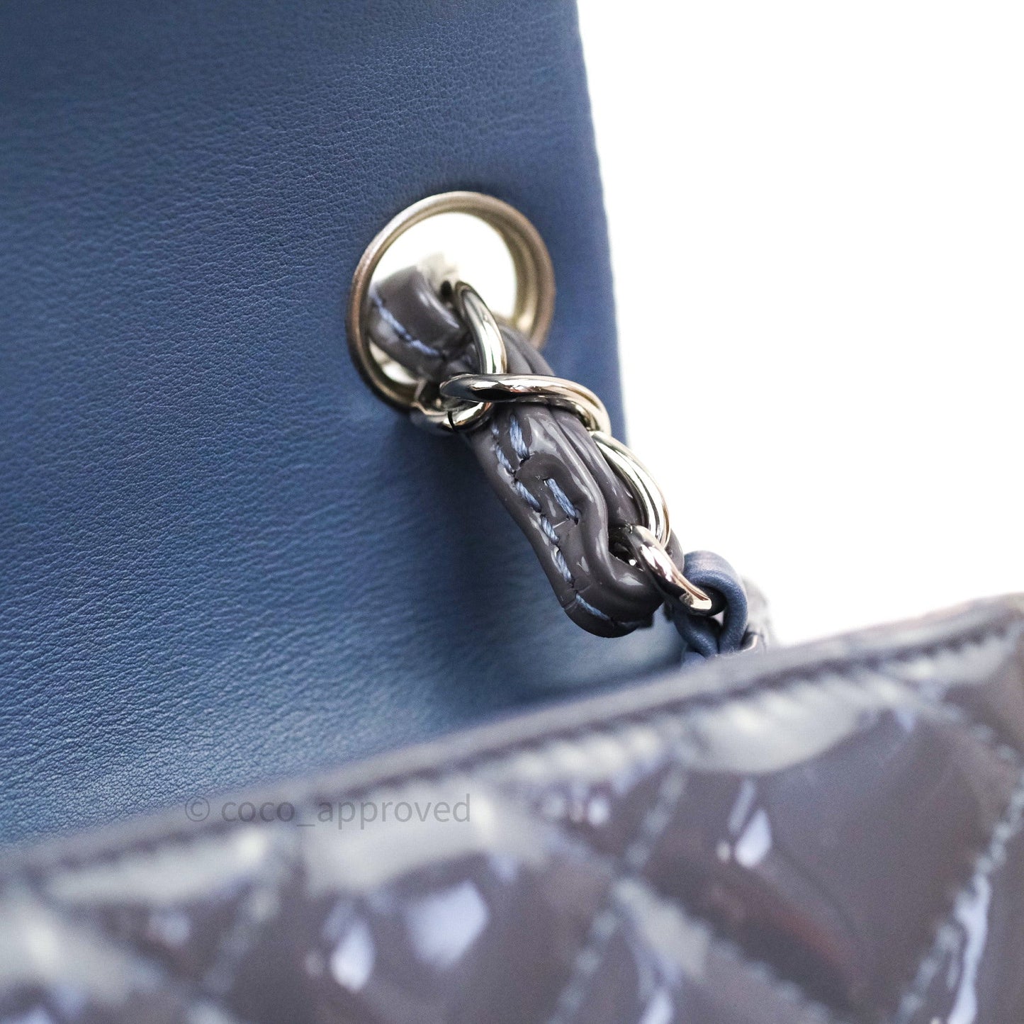 Chanel Mini Square Grey Patent Leather Silver Hardware