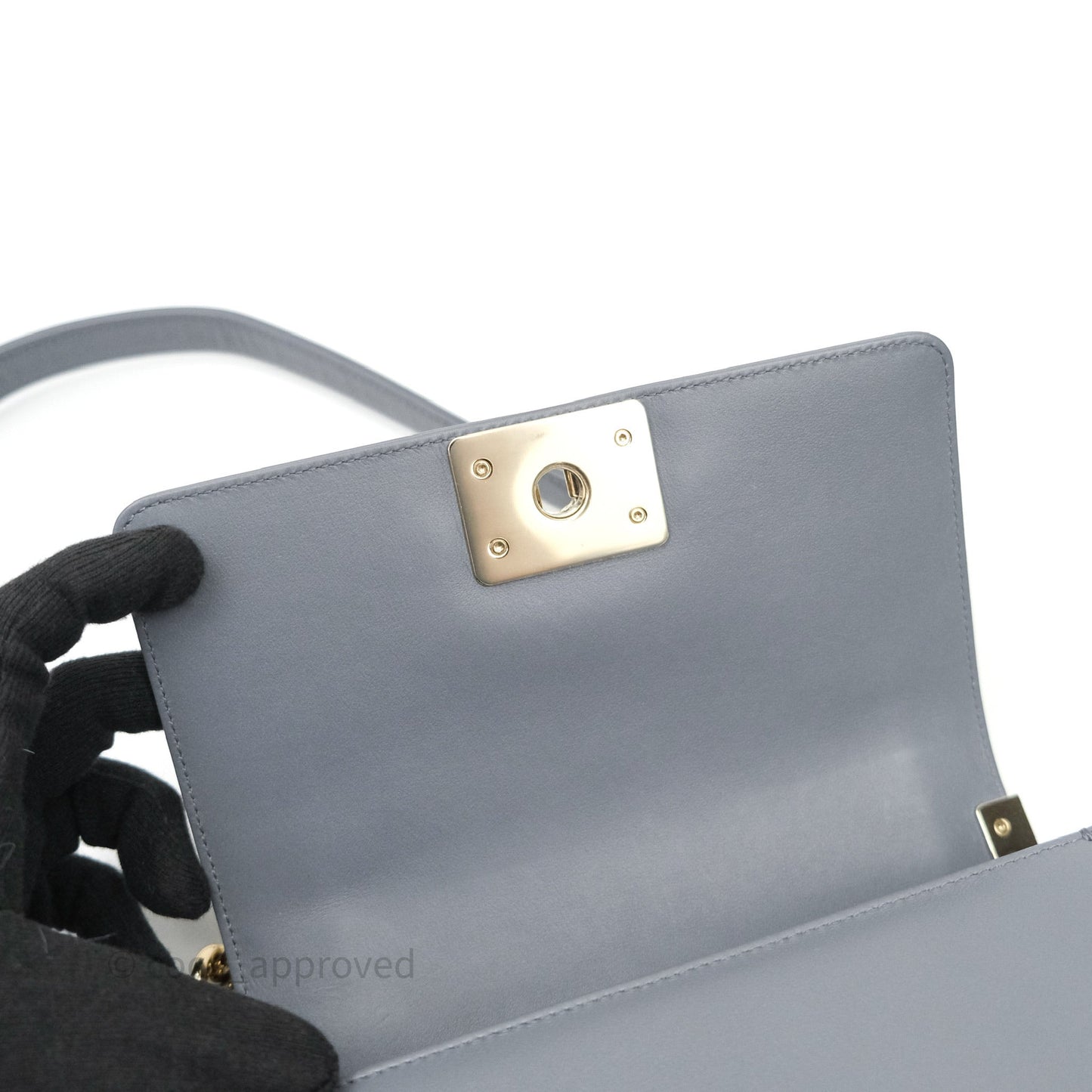 Chanel Small Boy Chevron Grey Calfskin Gold Hardware