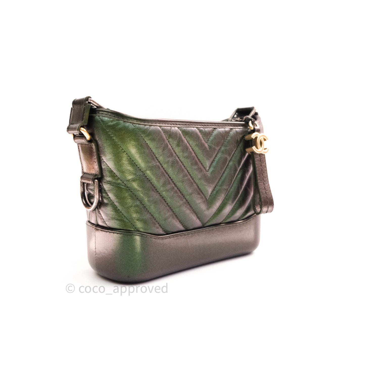 Chanel Calfskin Chevron Small Gabrielle Hobo Iridescent Green Mixed Hardware