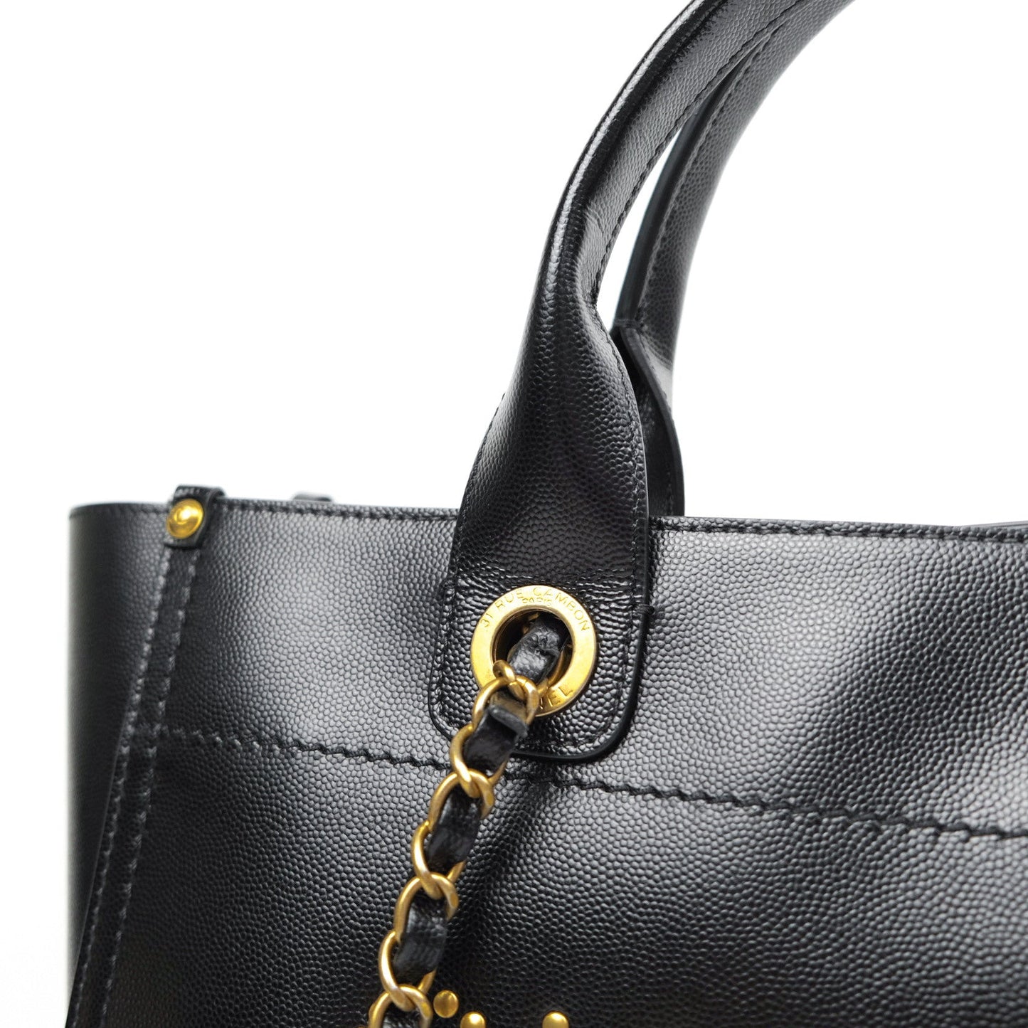Chanel Small Studded Deauville Tote Black Caviar Gold Hardware