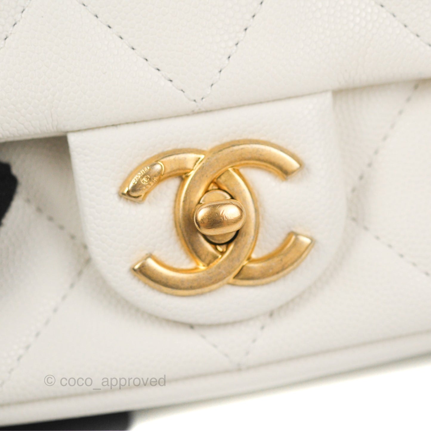 Chanel Mini Flap with Coin Charm White Caviar Aged Gold Hardware 22A