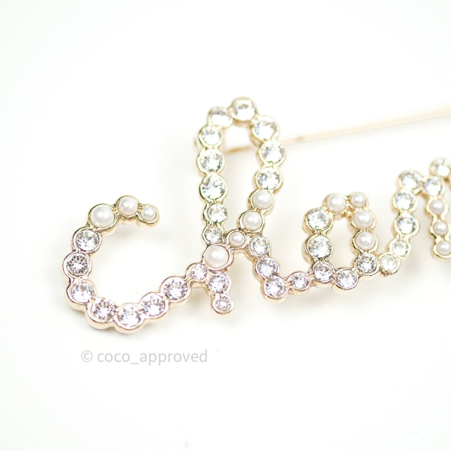 Chanel Logo Pearl Crystal Brooch Gold Tone 19K