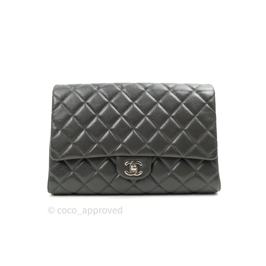 Chanel Quilted Clutch with Chain Dark Grey Caviar Leather Silver Hardware