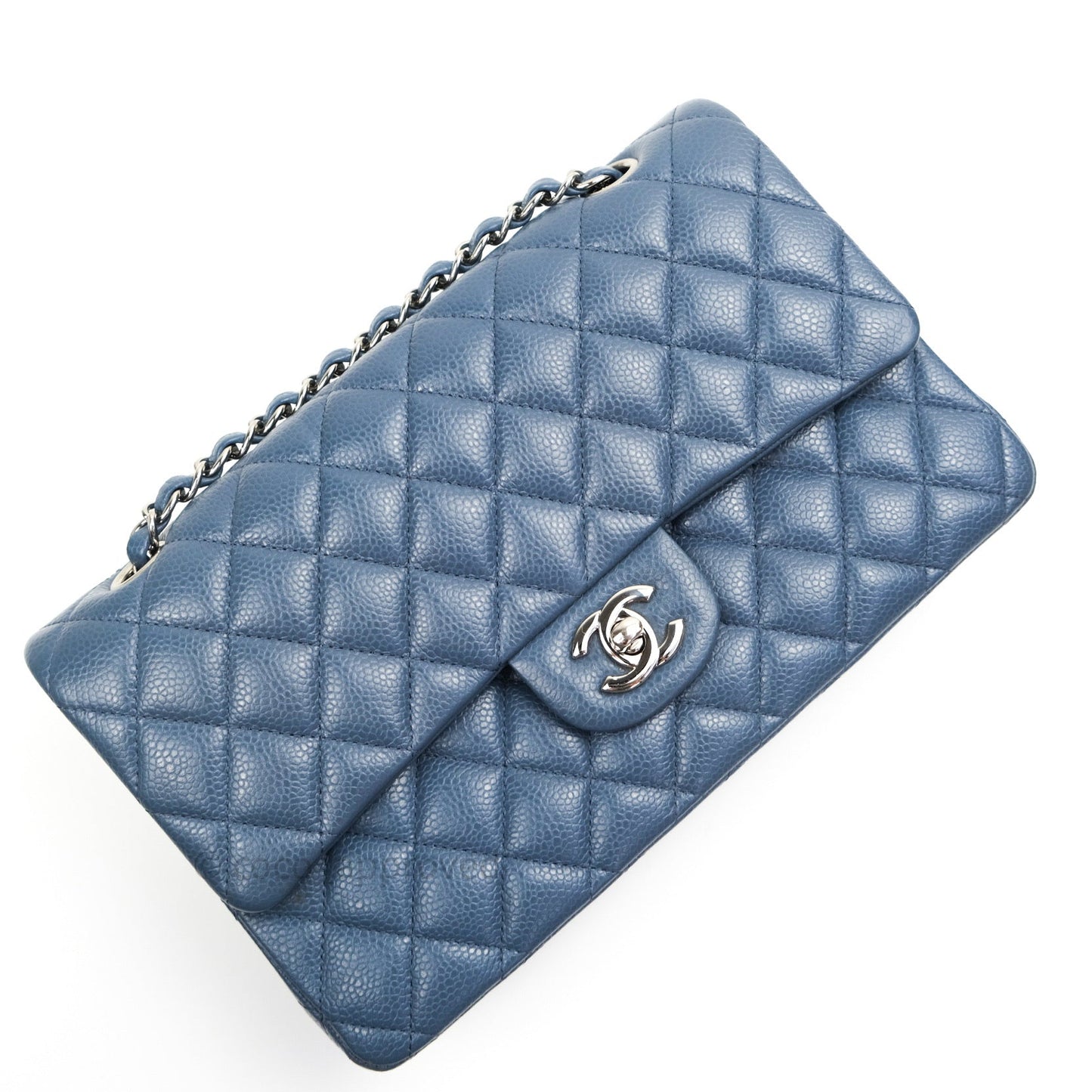 Chanel Classic Double Flap Quilted M/L Blue Caviar Silver Hardware