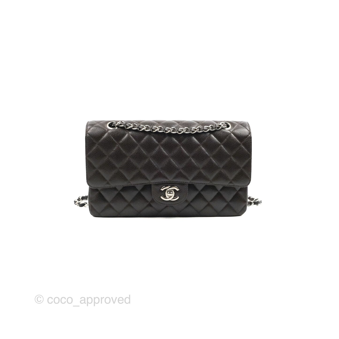 Chanel Classic M/L Medium Flap Quilted Dark Chocolate Brown Caviar Silver Hardware