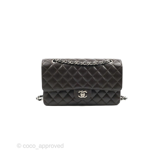 Chanel Classic M/L Medium Flap Quilted Dark Chocolate Brown Caviar Silver Hardware