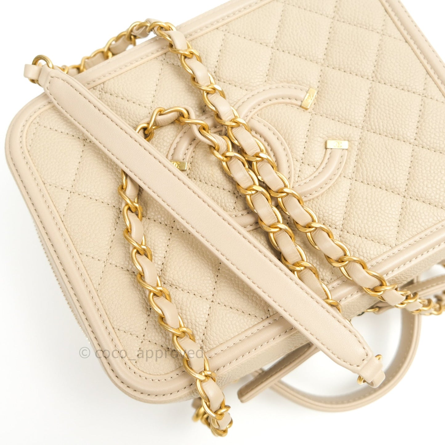 Chanel Quilted Medium CC Filigree Vanity Case Light Beige Caviar Gold Hardware