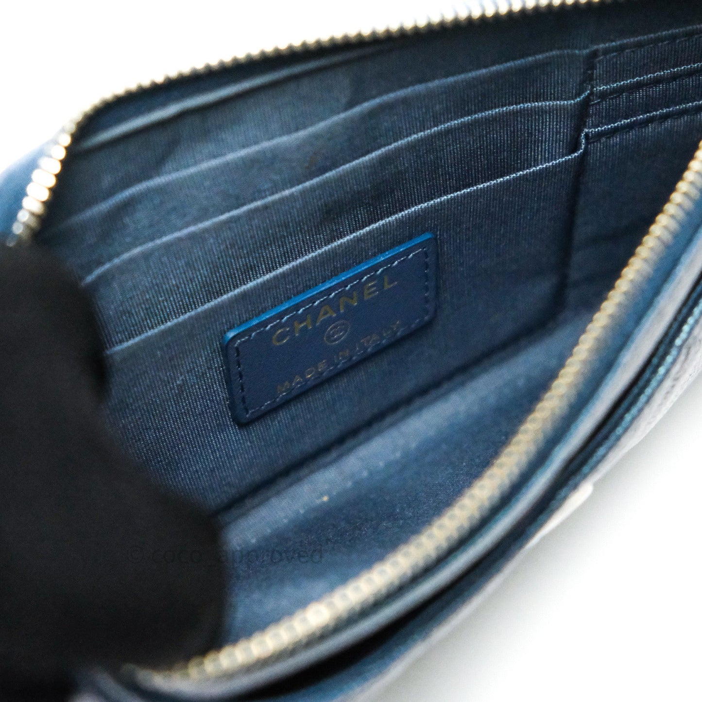 Chanel Iridescent Caviar O Case Phone Case Pouch Card Holder Blue Light Gold Hardware