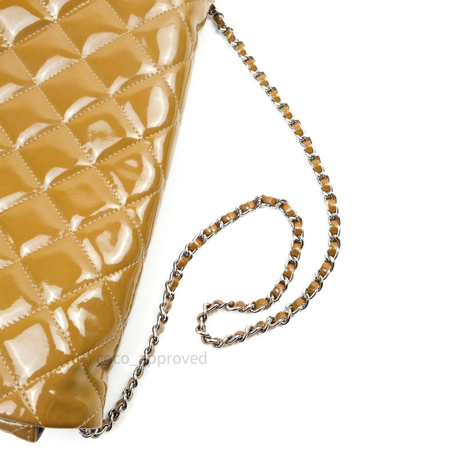 Chanel Quilted Clutch with Chain Khaki Patent Leather Silver Hardware