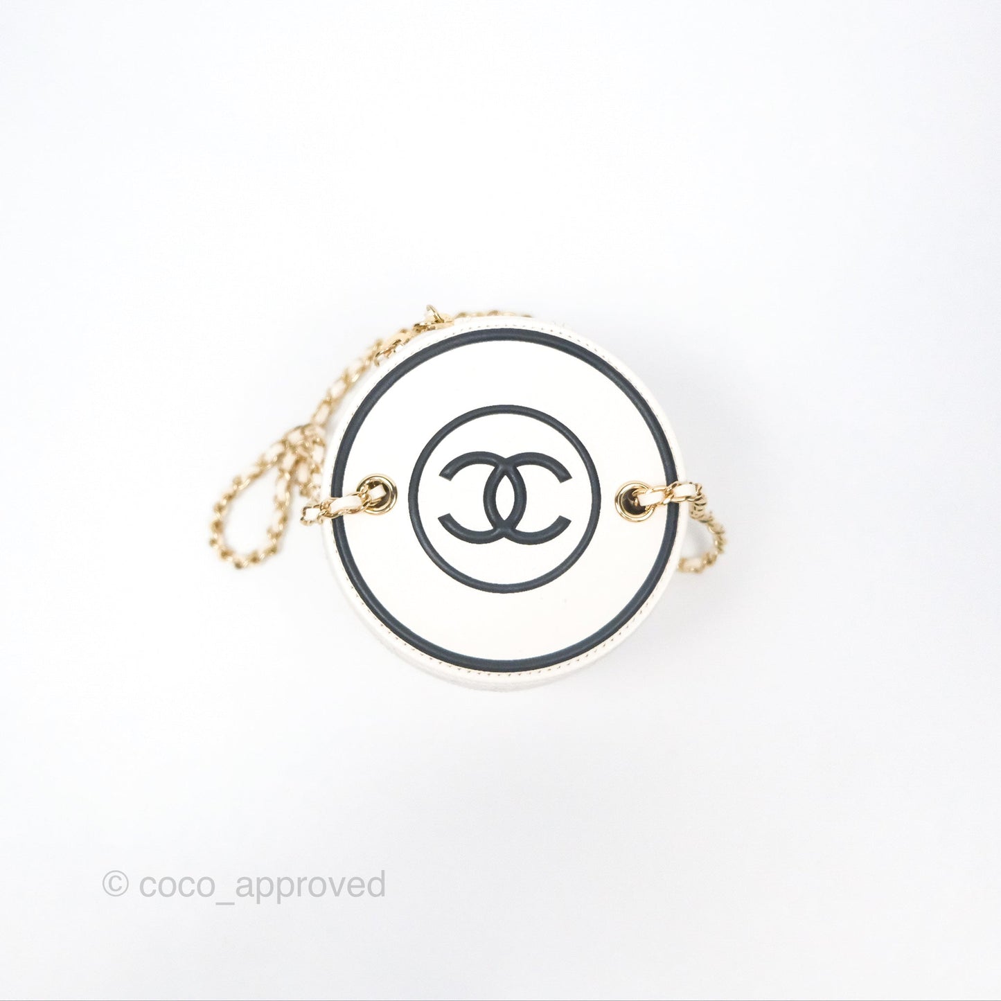 Chanel CC Quilted Round Vanity Clutch With Chain White Lambskin Gold Hardware