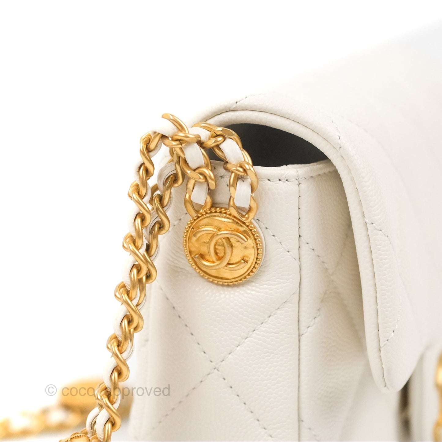 Chanel Mini Flap with Coin Charm White Caviar Aged Gold Hardware 22A