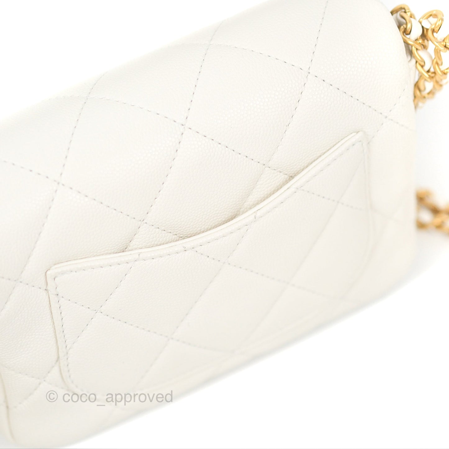 Chanel Mini Flap with Coin Charm White Caviar Aged Gold Hardware 22A