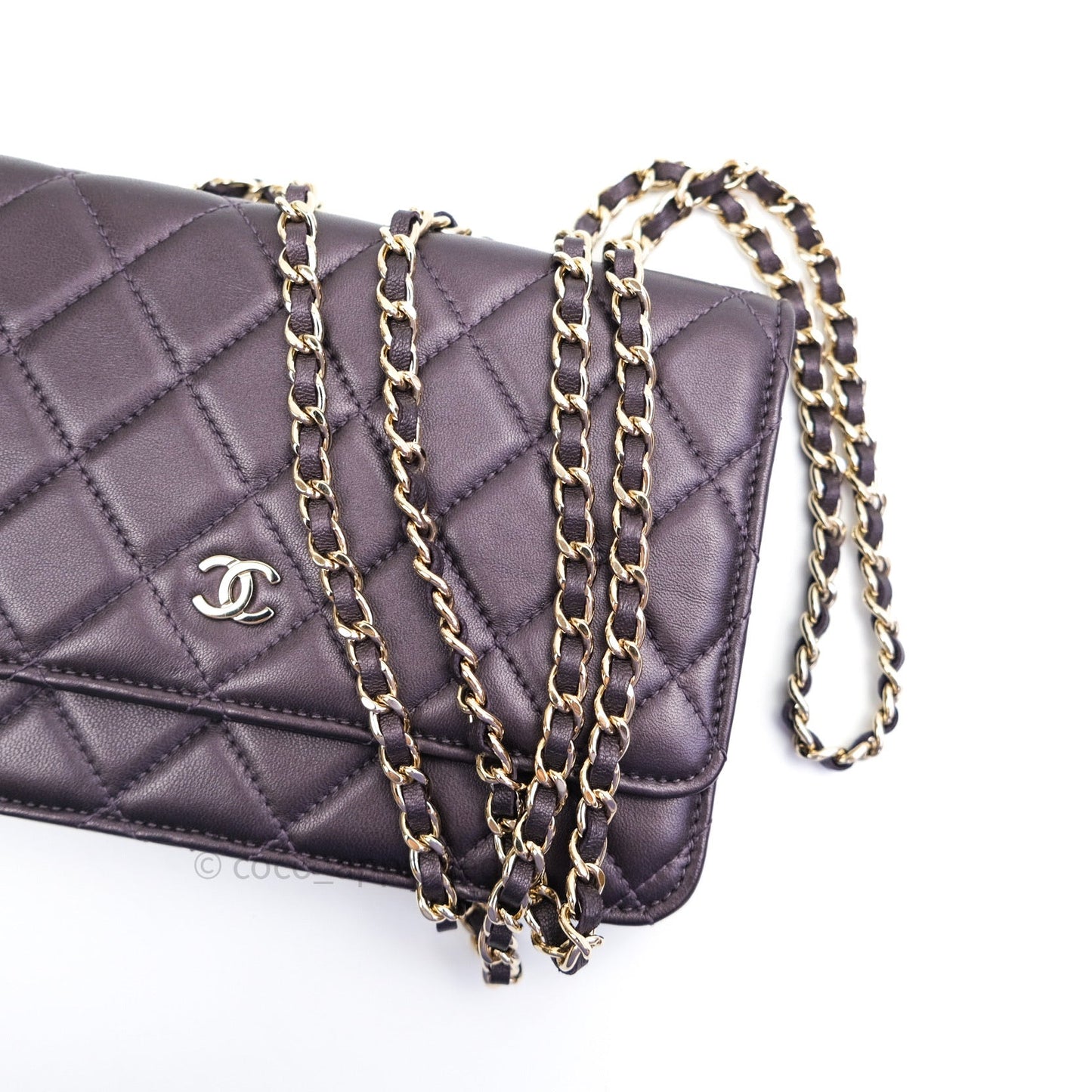 Chanel Quilted Wallet on Chain WOC Metallic Purple Light Gold Hardware