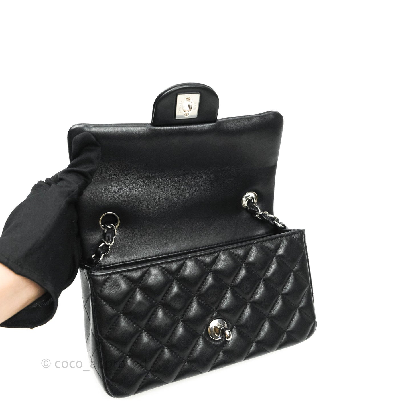 Chanel Quilted Mini Rectangular Black Lambskin Silver Hardware