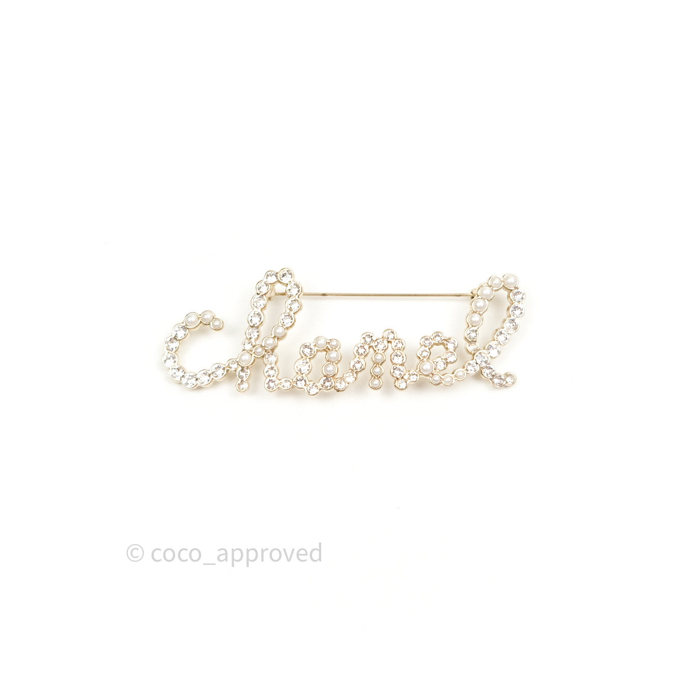 Chanel Logo Pearl Crystal Brooch Gold Tone 19K