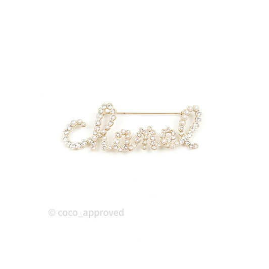 Chanel Logo Pearl Crystal Brooch Gold Tone 19K
