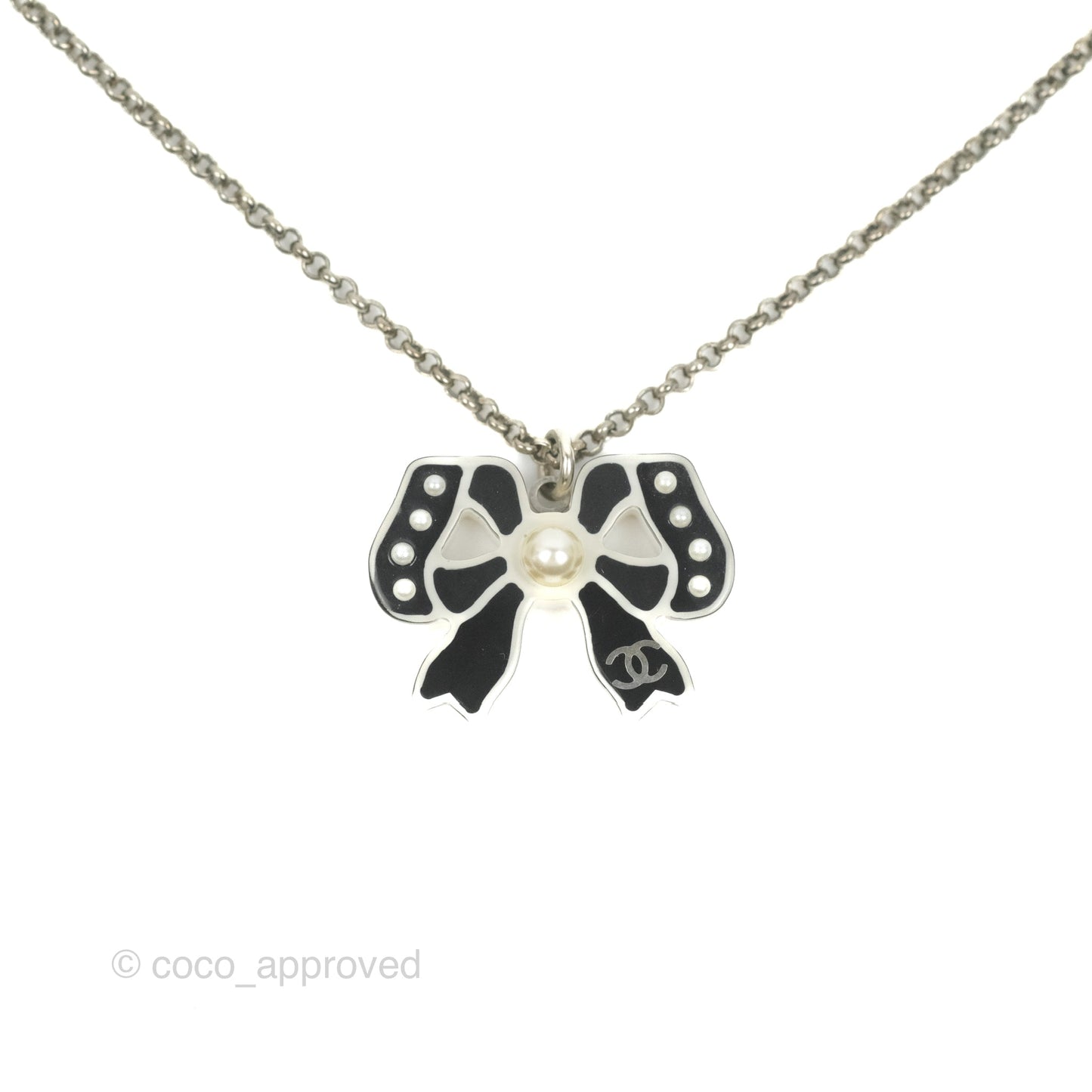 Chanel CC Pearl Bow Necklace Black Silver Hardware 18P