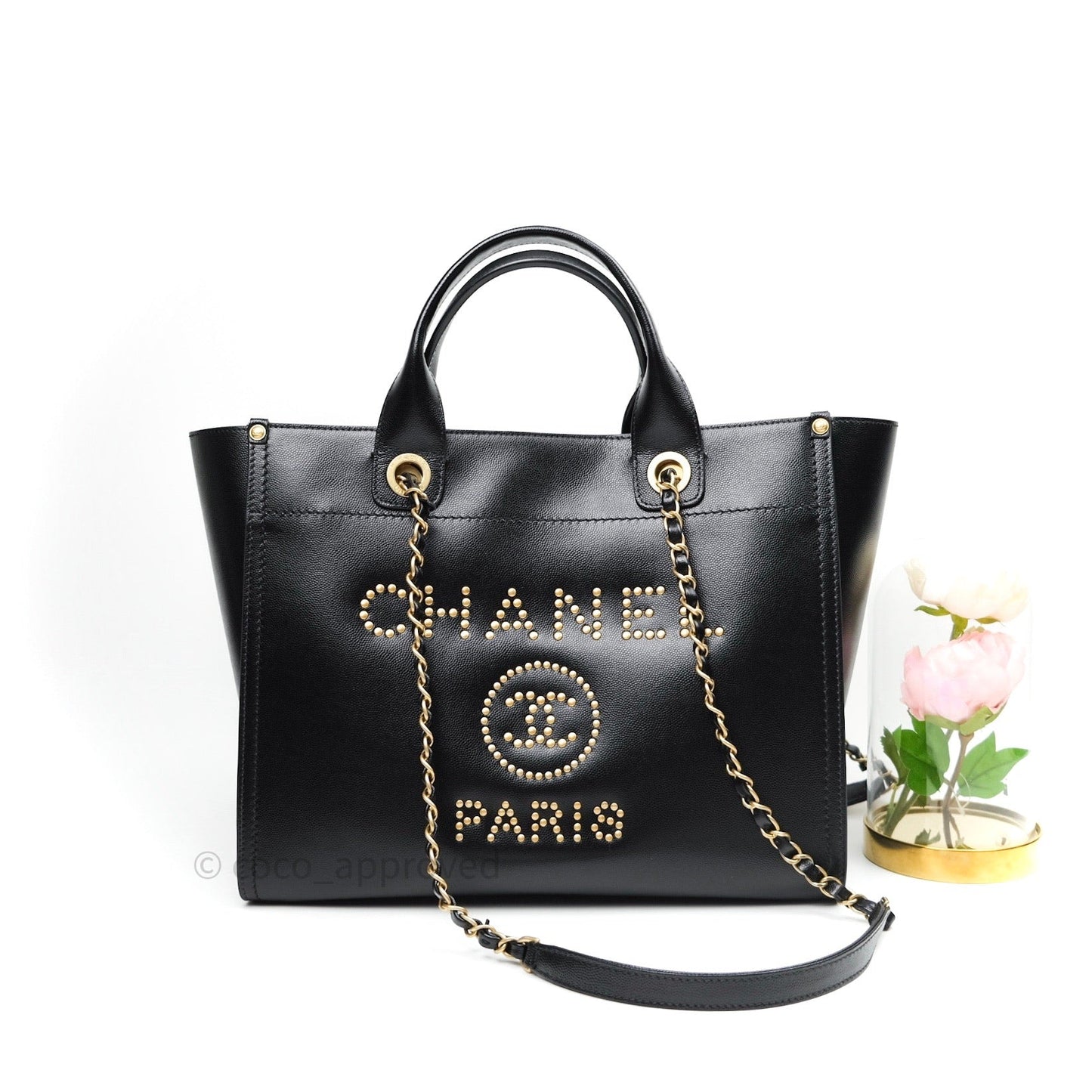 Chanel Small Studded Deauville Tote Black Caviar Gold Hardware
