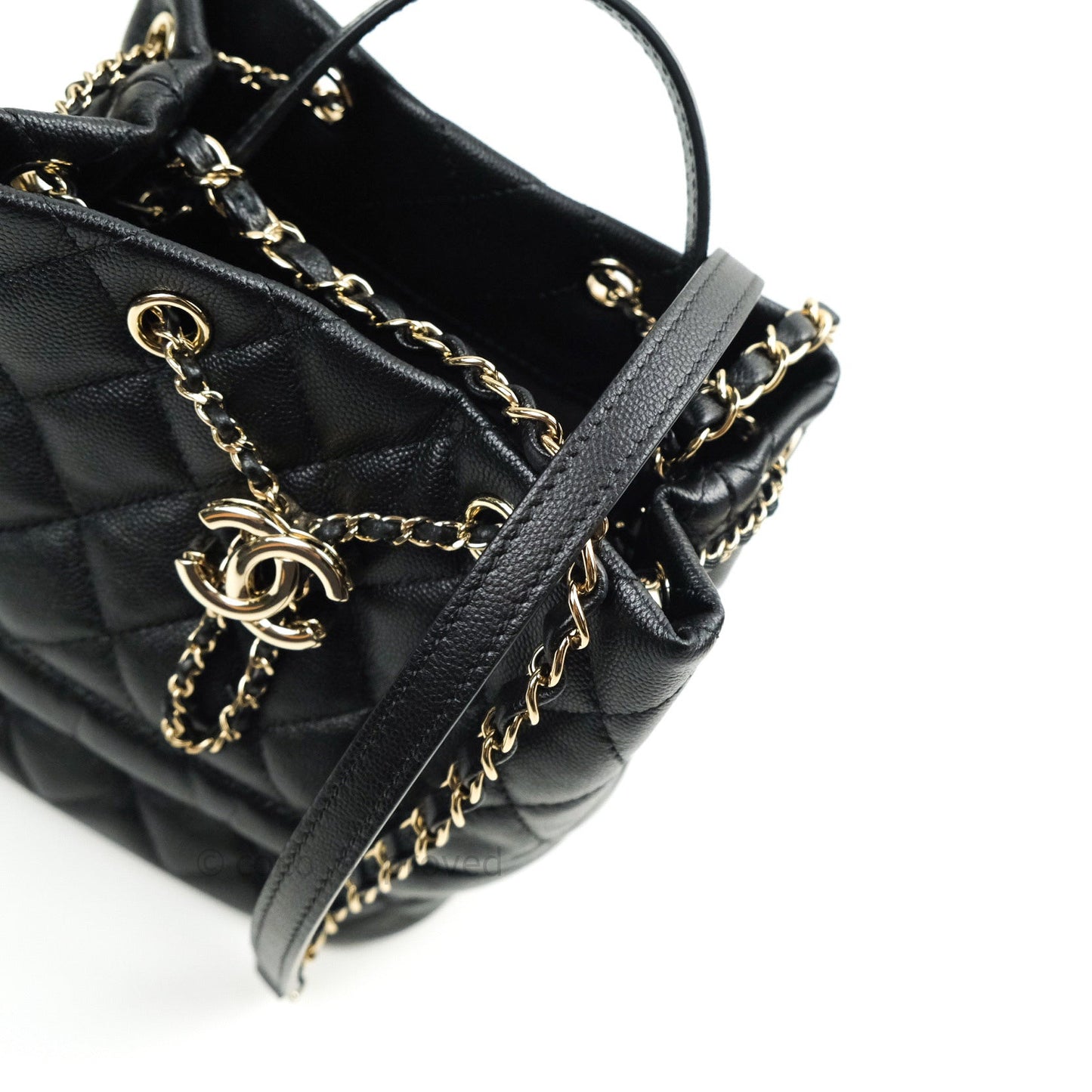 Chanel Caviar Quilted Rolled Up Bucket Drawstring Bag Black Gold Hardware