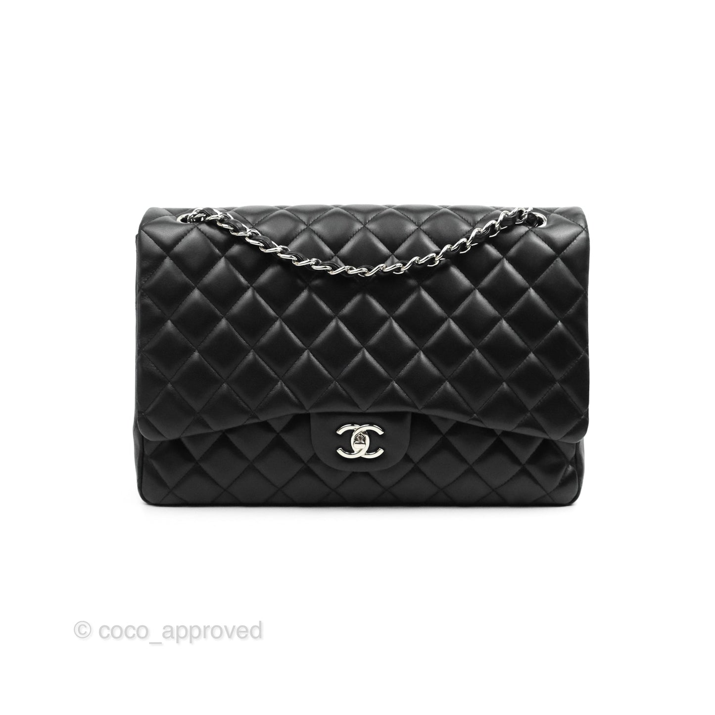 Chanel Quilted Single Flap Maxi Flap Black Lambskin Silver Hardware