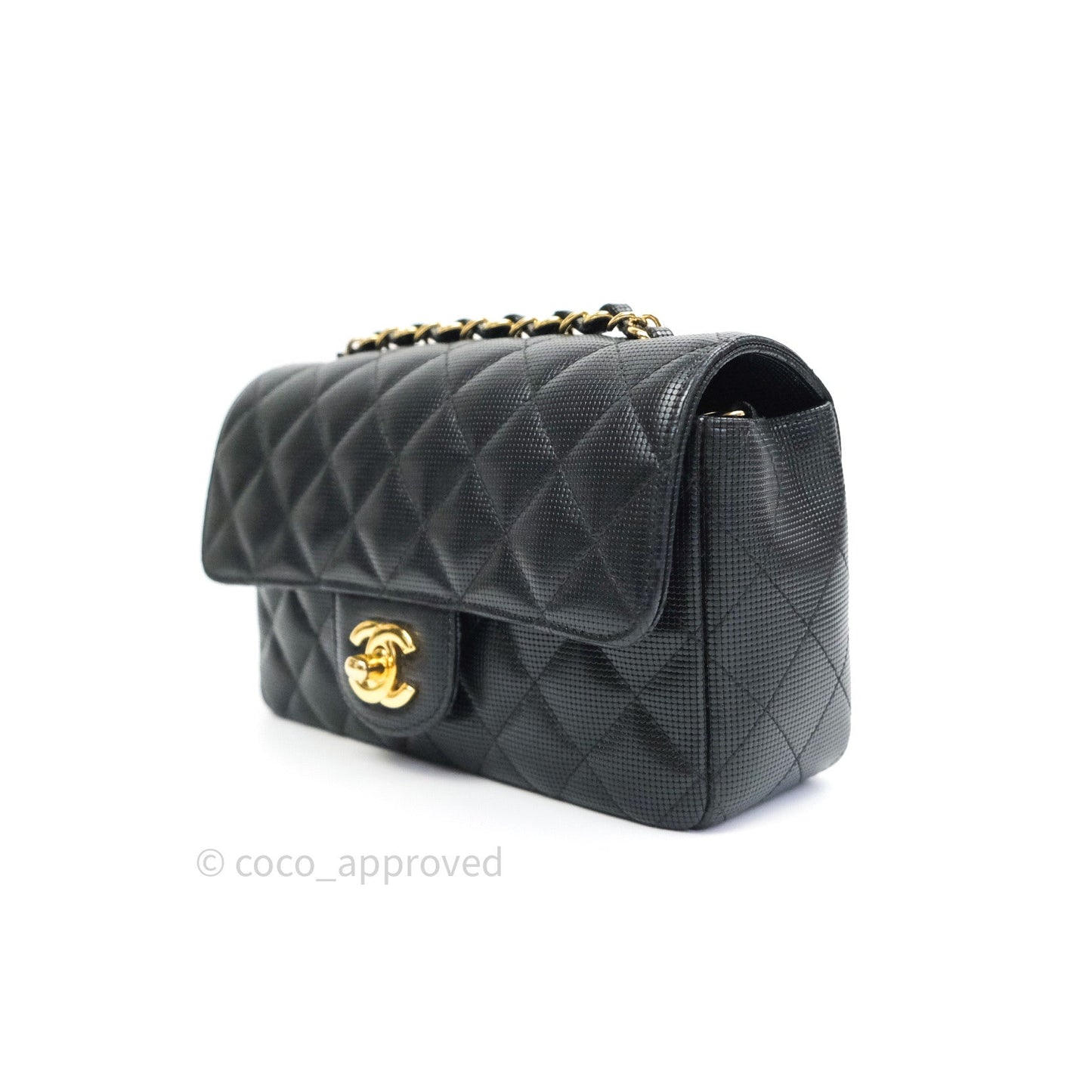 Chanel Metallic Calfskin Quilted Pixel Effect Mini Rectangular Flap Black Gold Hardware