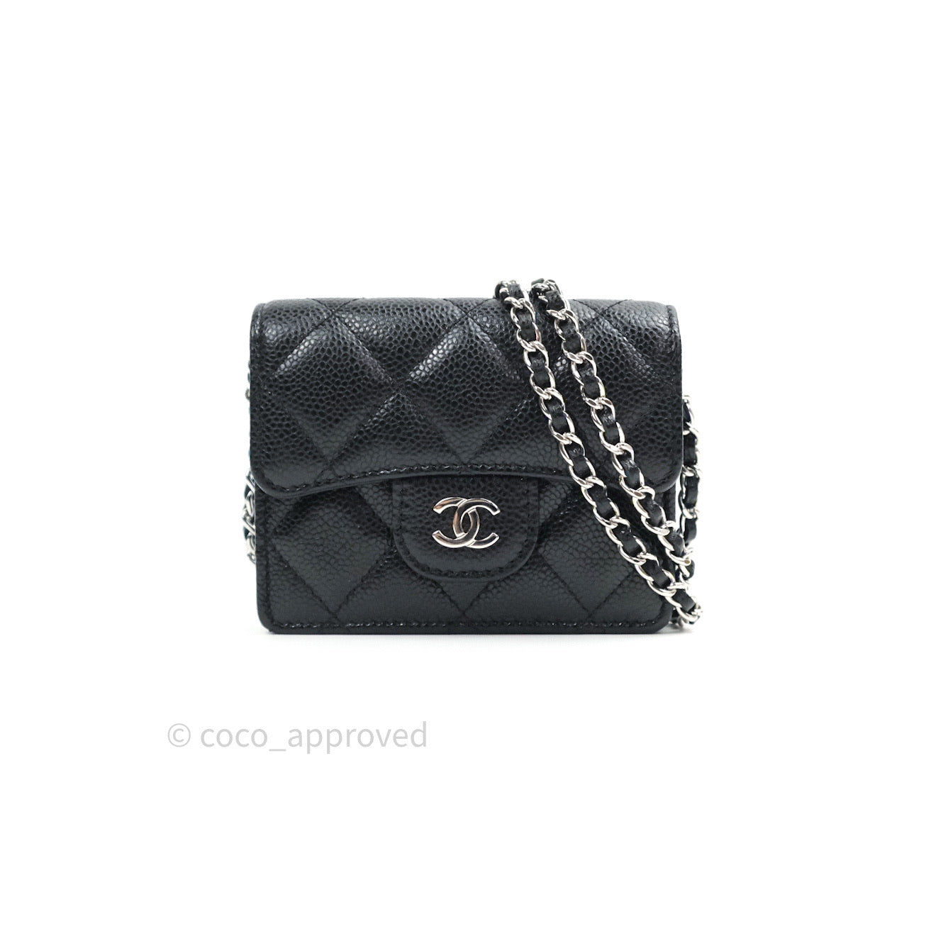 Chanel Mini Wallet With Chain Black Caviar Silver Hardware