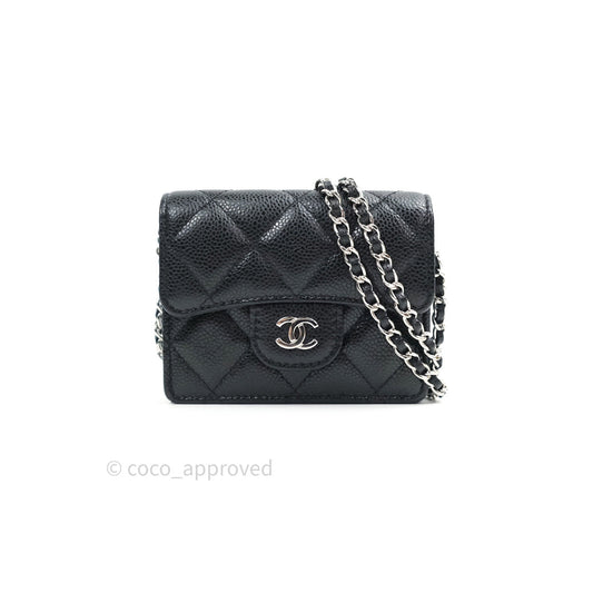 Chanel Mini Wallet With Chain Black Caviar Silver Hardware