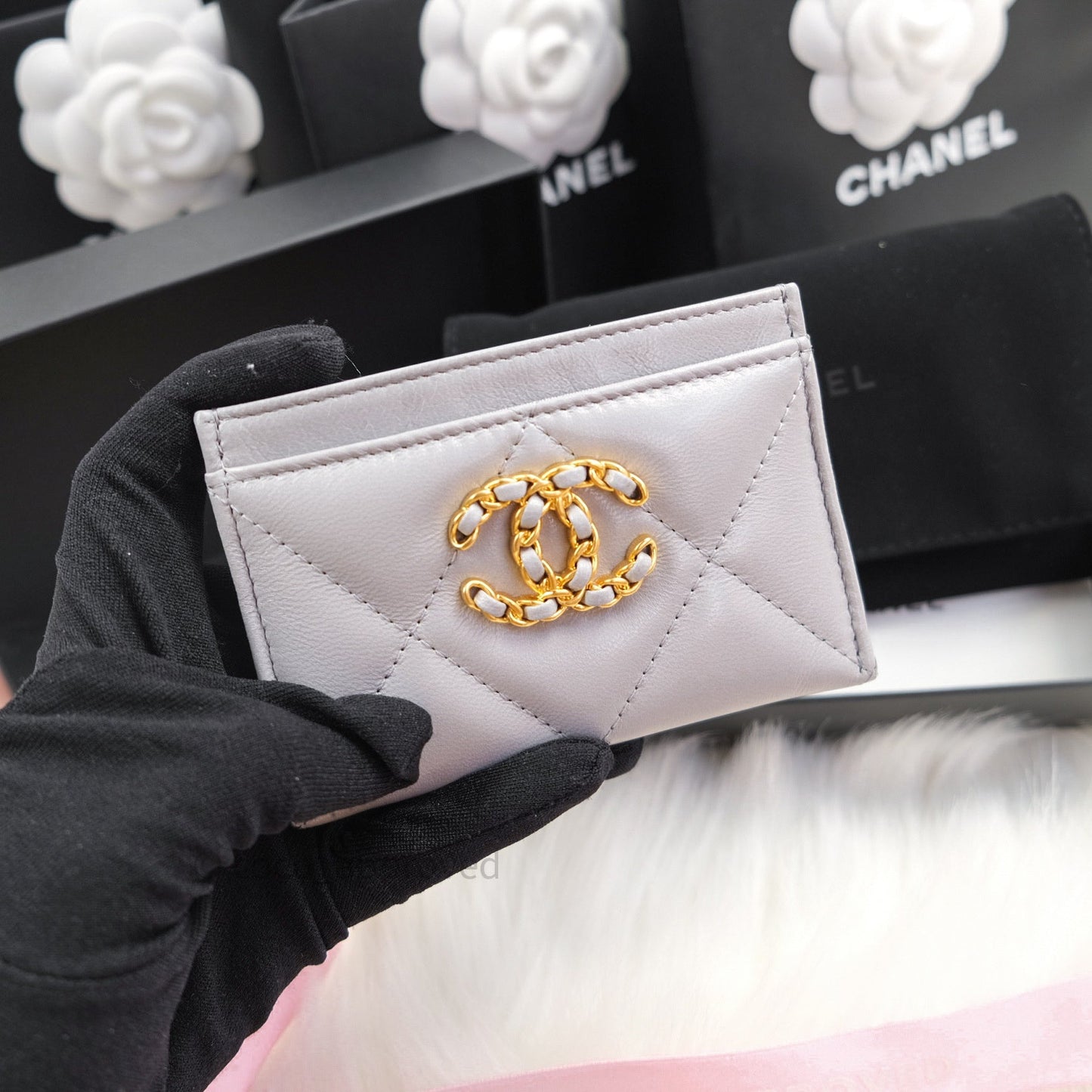 Chanel 19 Quilted Grey Flat Card Holder