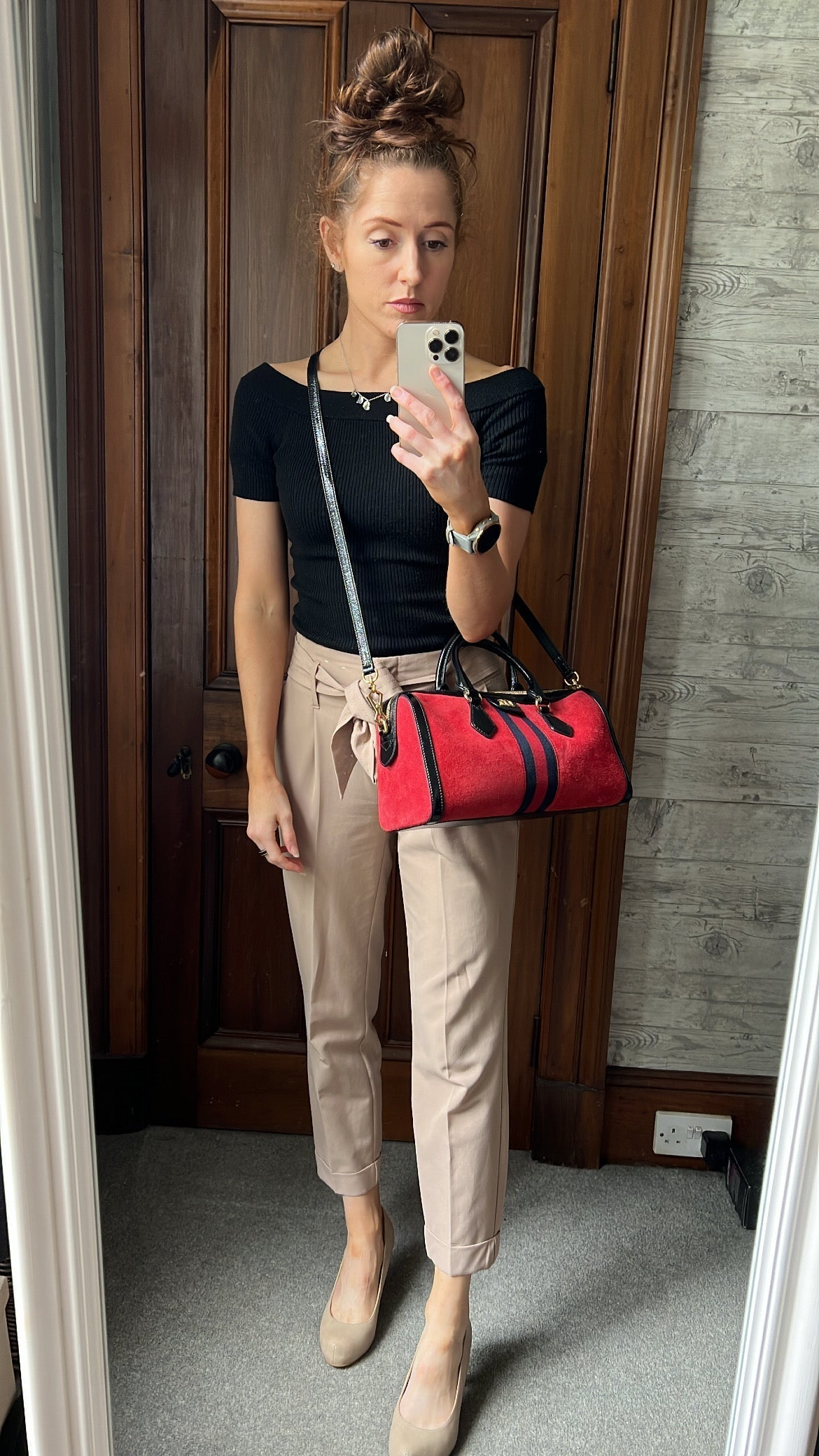 Luxury Gucci Red Suede and Blue Leather Ophidia Boston Bag