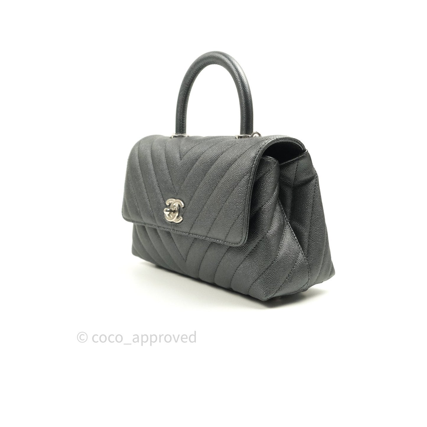 Chanel Coco Handle Chevron Mini Dark Grey Caviar Quilted Dark Silver Hardware