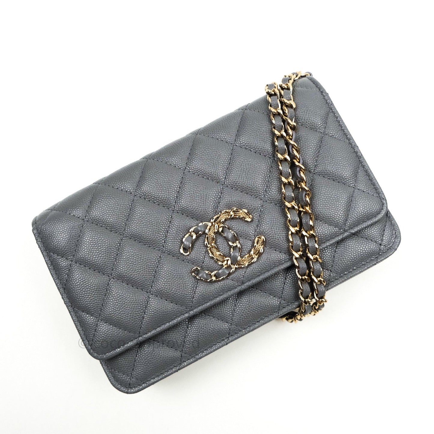 Chanel Quilted Wallet on Chain WOC Grey Caviar Gold Hardware