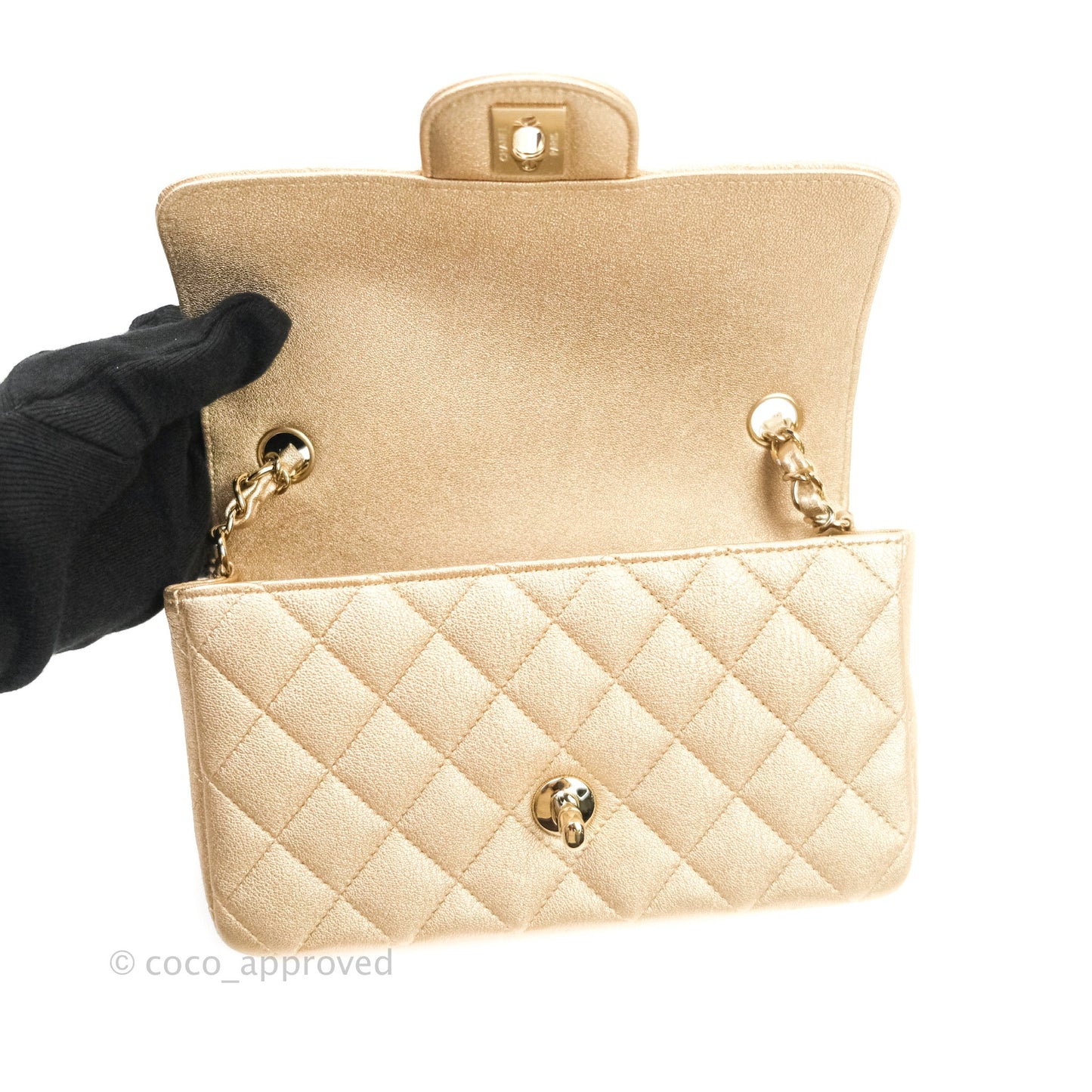 Chanel Quilted Mini Rectangular Metallic Champagne Gold Lambskin Gold Hardware