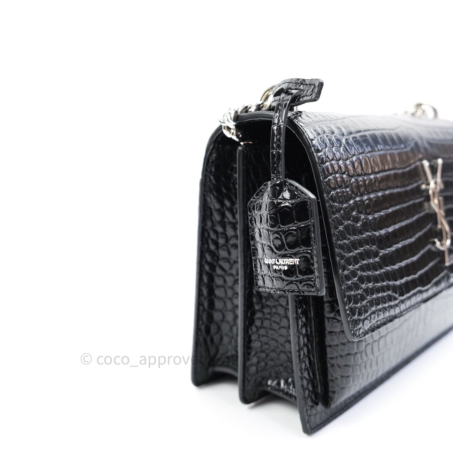 Saint Laurent Sunset Medium Black Crocodile Embossed Calfskin Silver Hardware